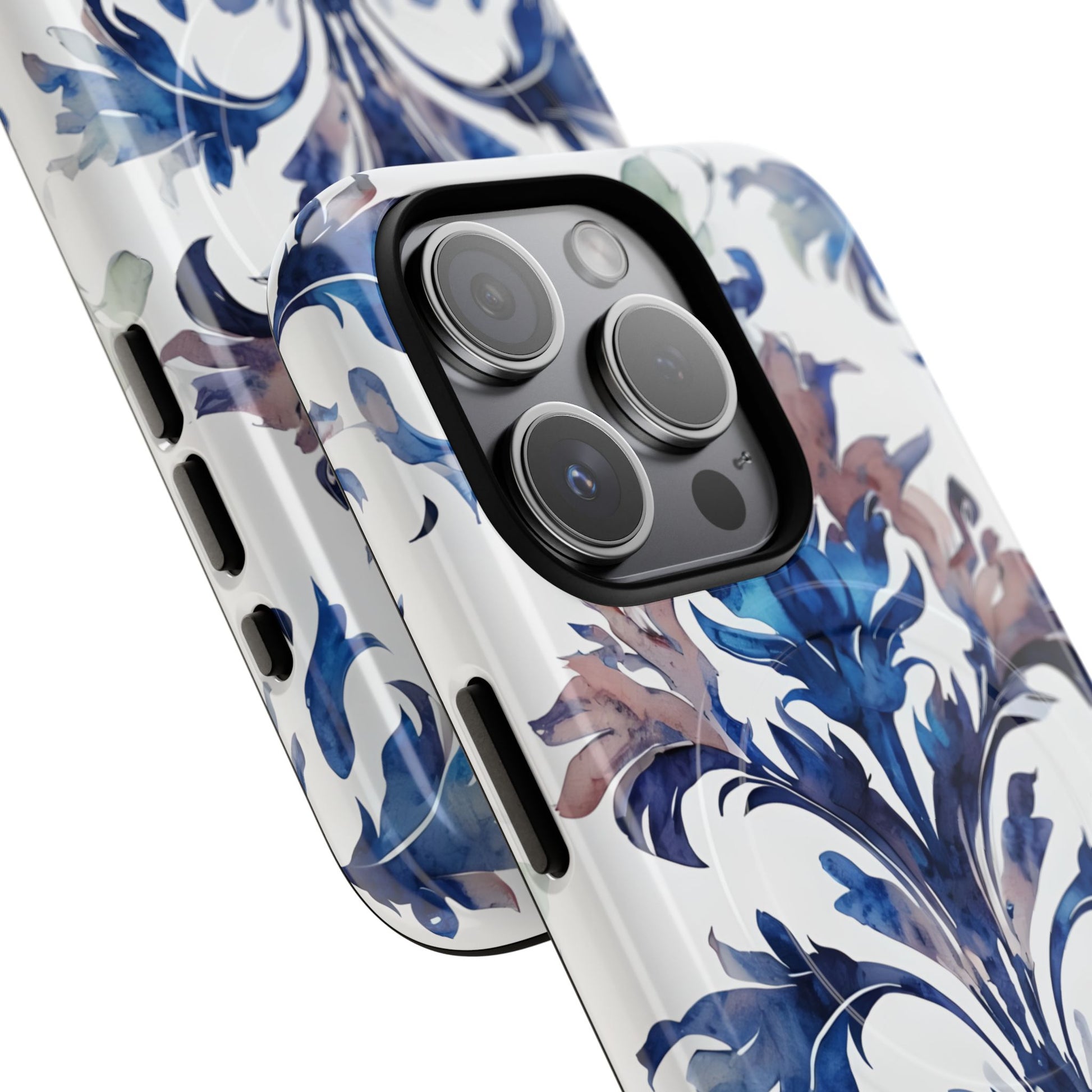 Delft Reverie - Elegant Blue & White iPhone 15 Pro MagSafe Phone Case - Dutch Delftware-Inspired Floral Design