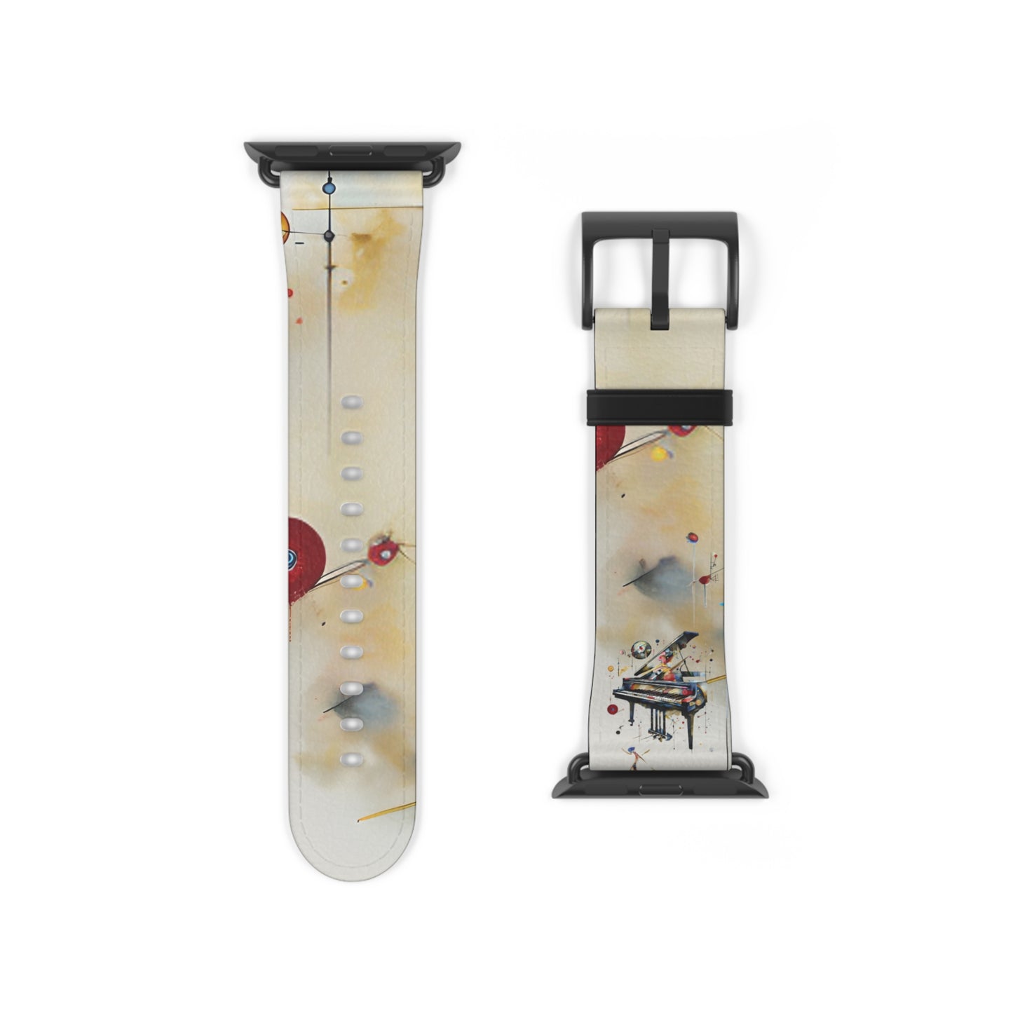 Keys of Imagination Small Grand Piano Apple Watch band strap with piano-themed artwork and black clasp