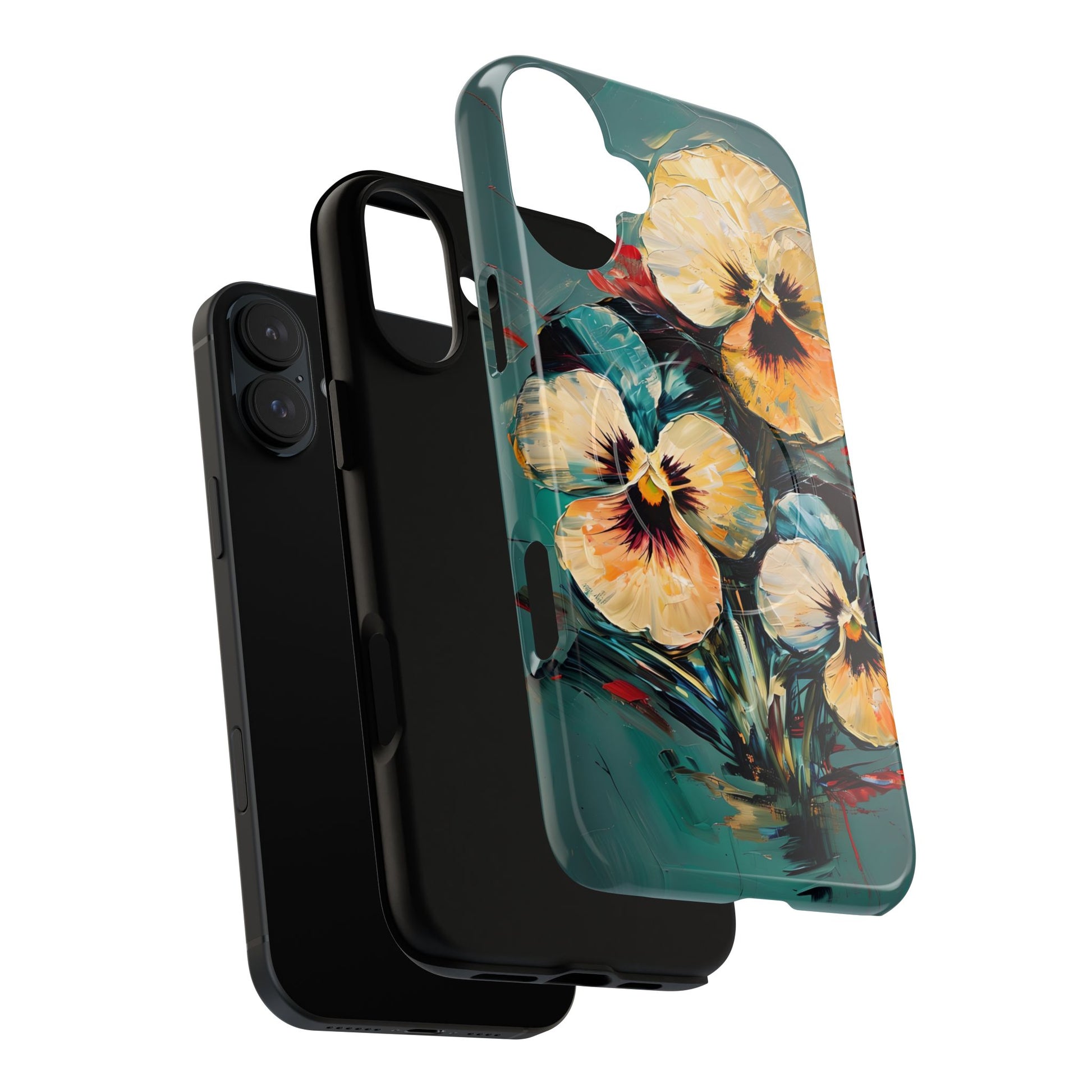 Golden Pansy Cascade - Elegant Floral iPhone 16 Plus MagSafe Case with Deep Teal Background