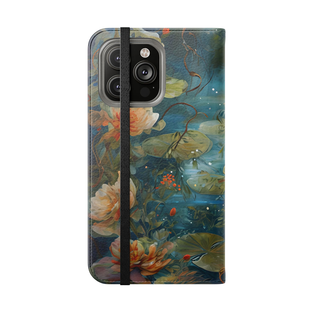 Waterlily Nocturne iPhone 14 Pro Max Wallet Case - Elegant Floral Flip Cover, Vintage Botanical Phone Folio