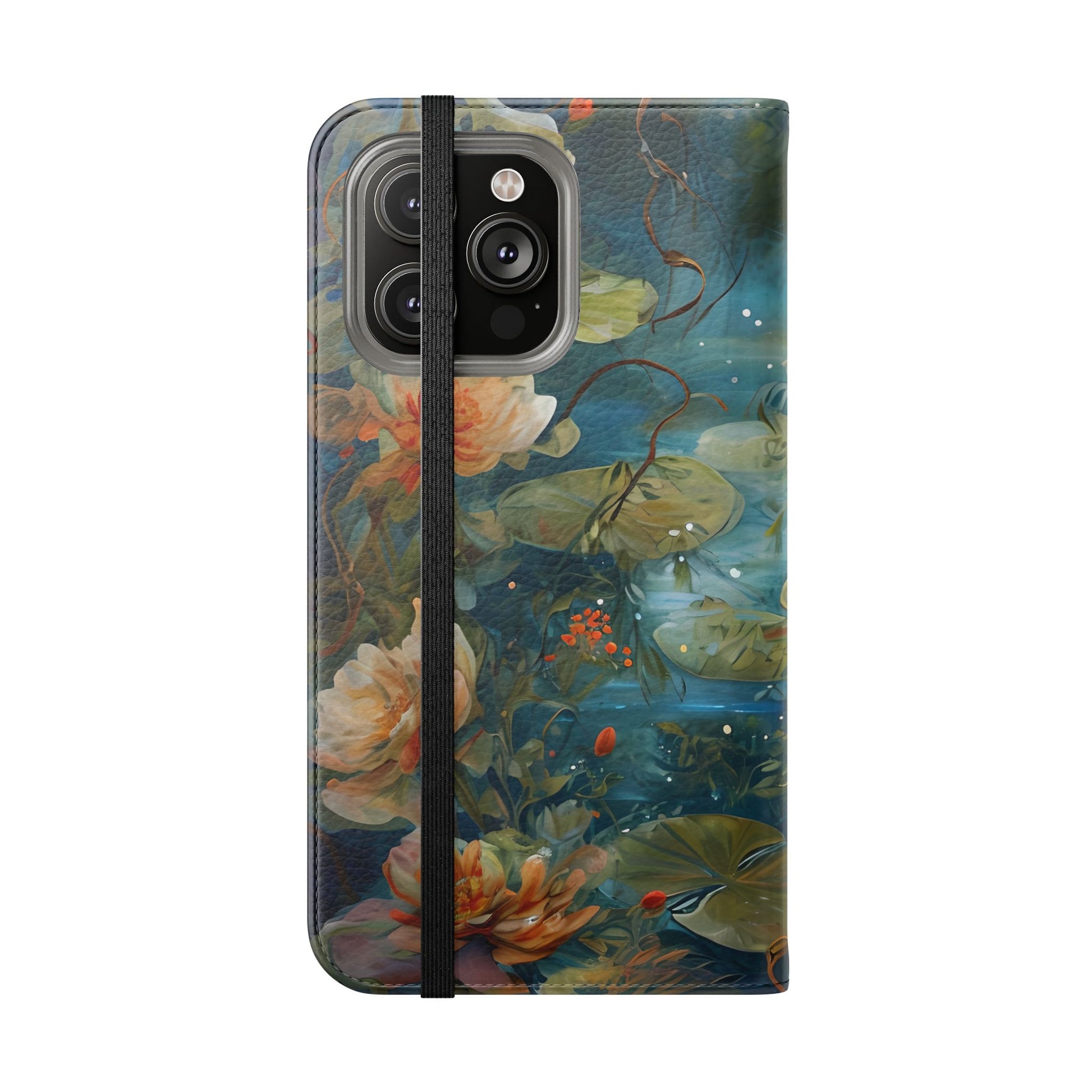 Waterlily Nocturne iPhone 14 Pro Max Wallet Case - Elegant Floral Flip Cover, Vintage Botanical Phone Folio