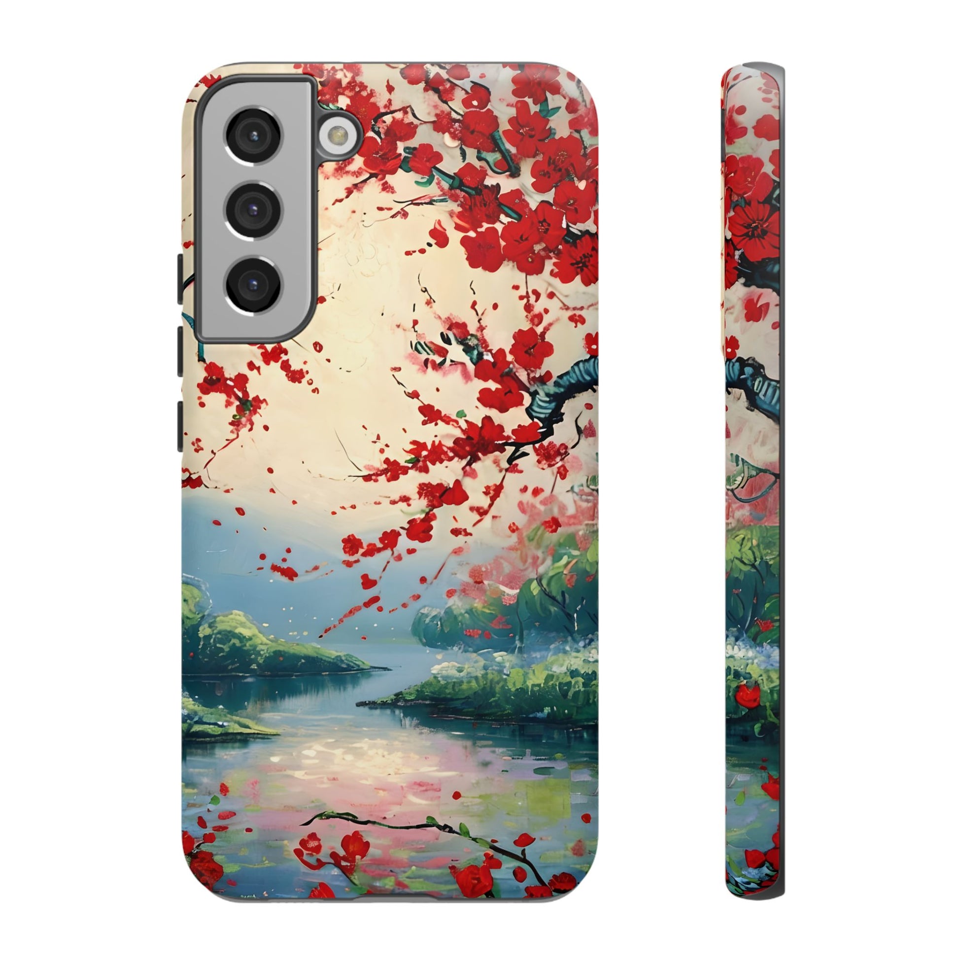 Crimson Blossom Lake - Artistic Floral Landscape Samsung Galaxy S22 Plus Tough Phone Case - Red Cherry Blossoms & Serene Lake Design