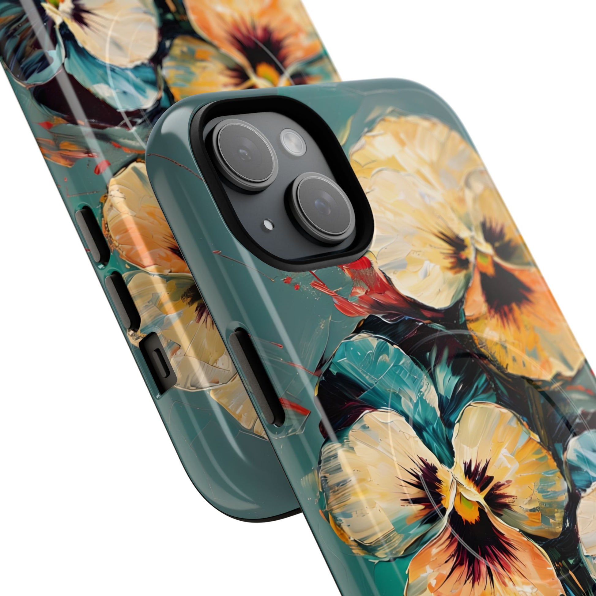 Golden Pansy Cascade - Elegant Floral iPhone 15 Plus MagSafe Case with Deep Teal Background