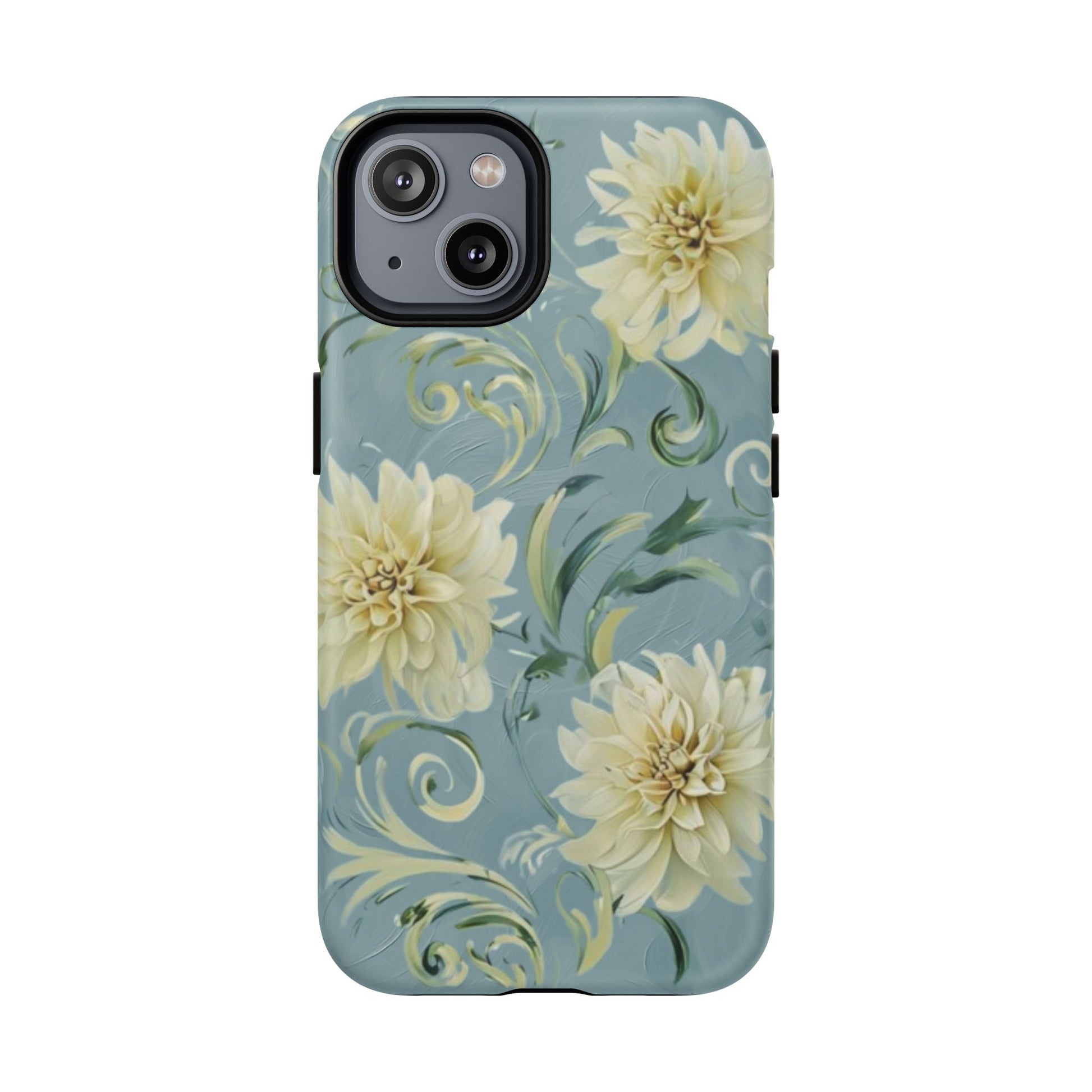 Golden Dahlia Trio - Elegant Floral iPhone 14 MagSafe Phone Case - Artistic White & Blue Dahlia Design