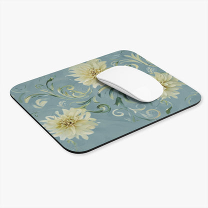 Golden Dahlia Trio mouse pad in workspace with mouse showing golden dahlia floral artwork