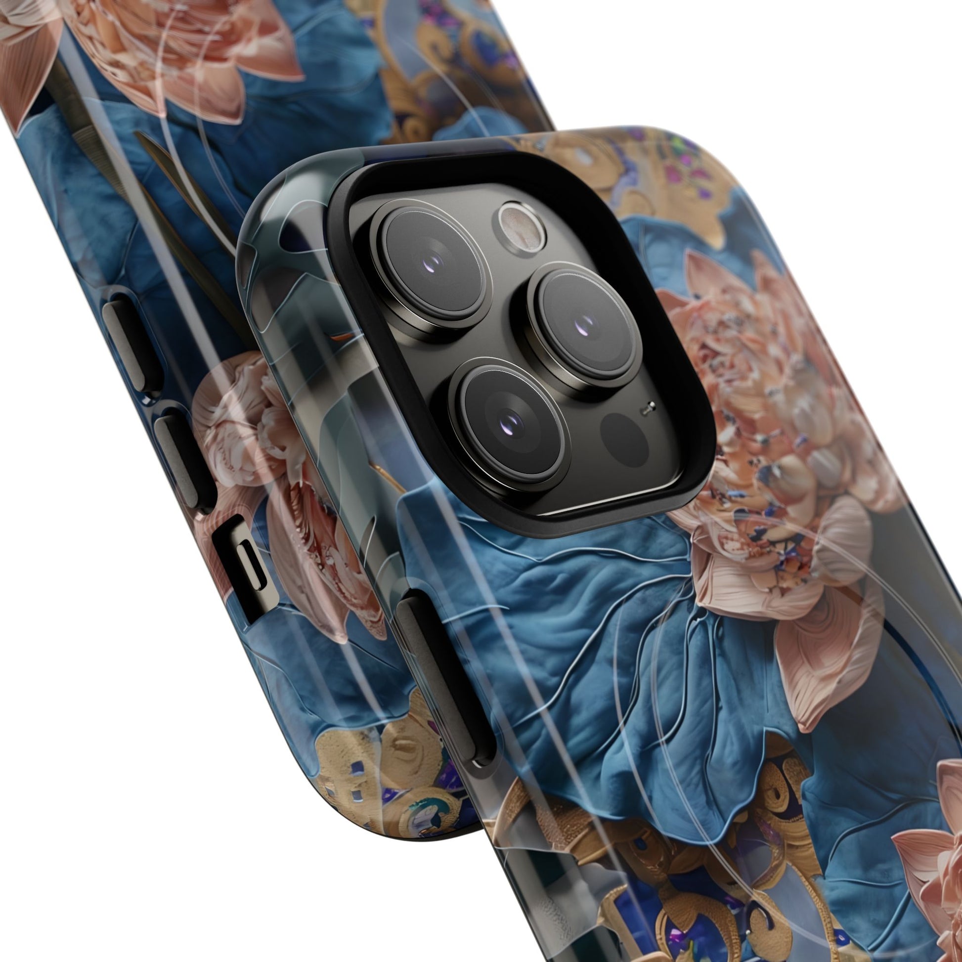 Peony Midnight Tapestry - iPhone 14 Pro - MagSafe Compatible - Elegant Blue & Blush Artful Phone Cover