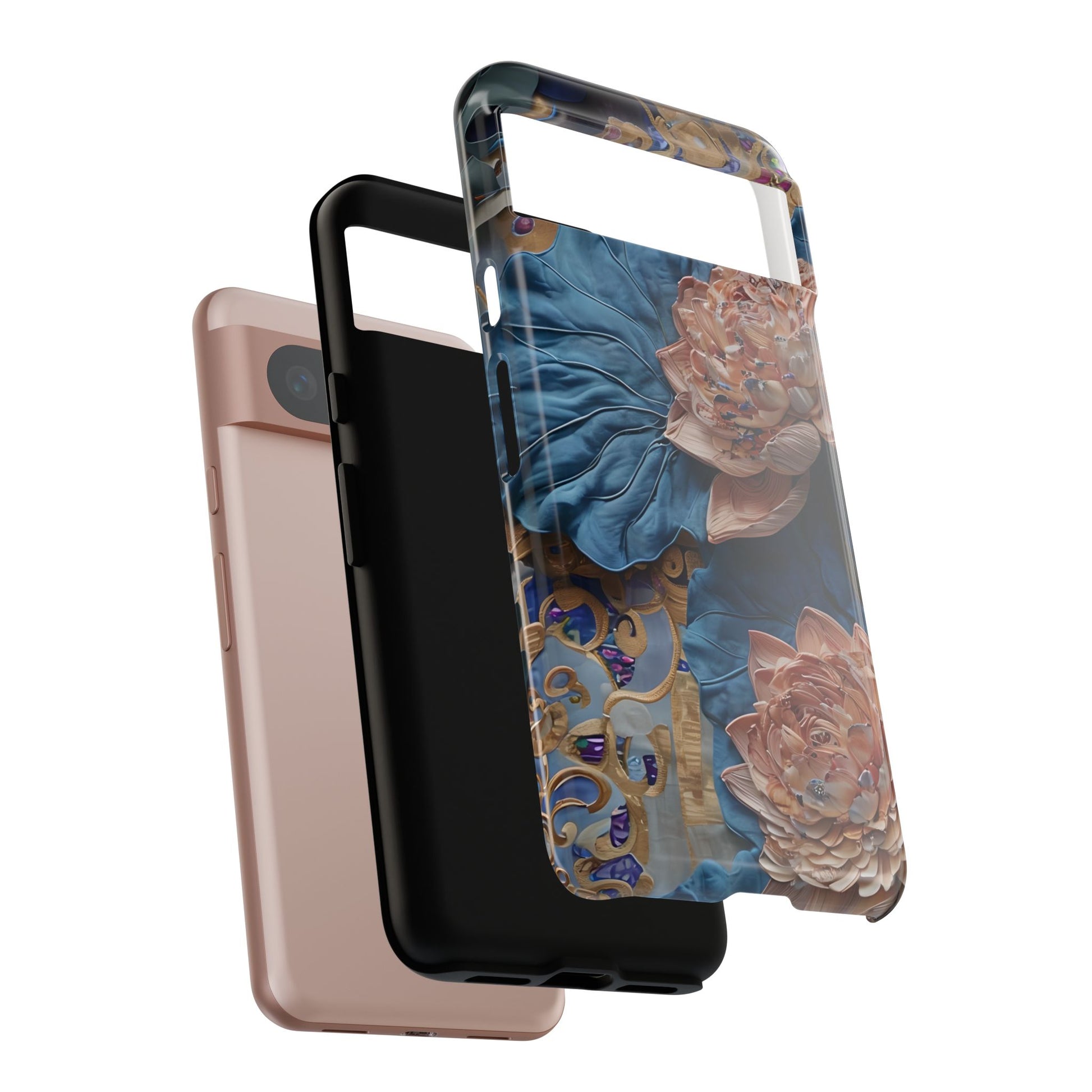 Peony Midnight Tapestry - Google Pixel 8 - Elegant Blue & Blush Artful Phone Cover