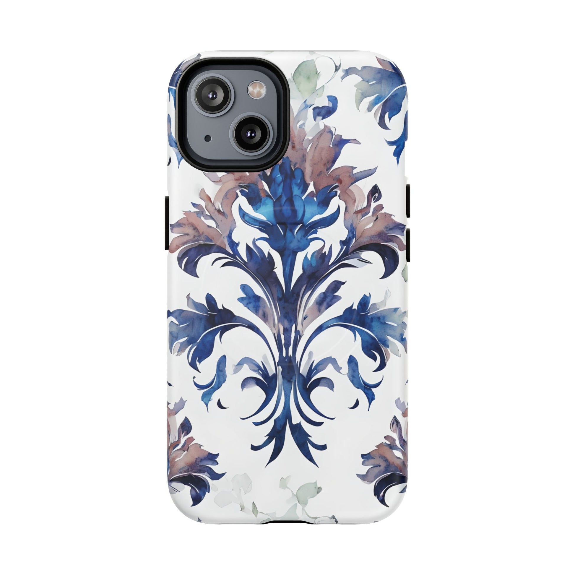 Delft Reverie - Elegant Blue & White iPhone 14 MagSafe Phone Case - Dutch Delftware-Inspired Floral Design