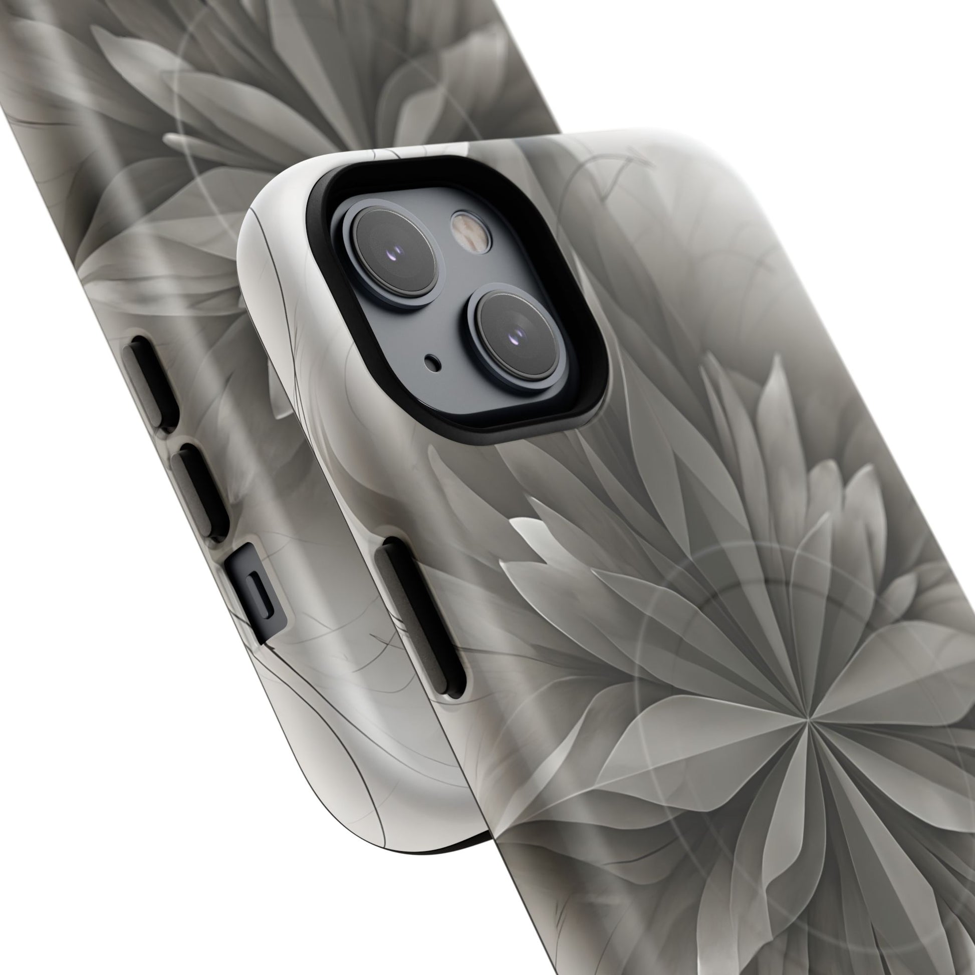 Silver Lotus - Elegant Monochrome Floral iPhone 14 Plus MagSafe Phone Case - Modern Lotus Design