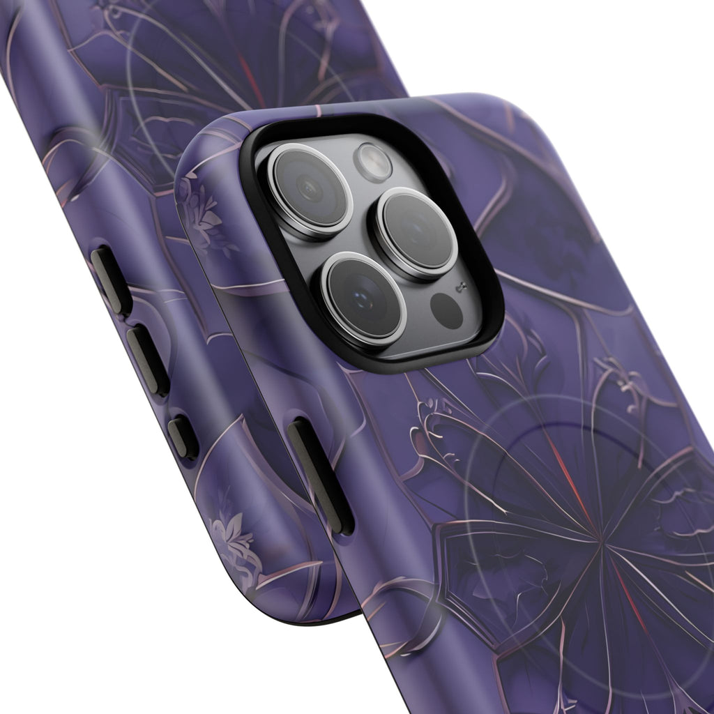 Violet Nebula - Kaleidoscope Collection Artistic Floral Burst - iPhone 15 Pro Max MagSafe Phone Case -Bold Purple Symmetrical Design