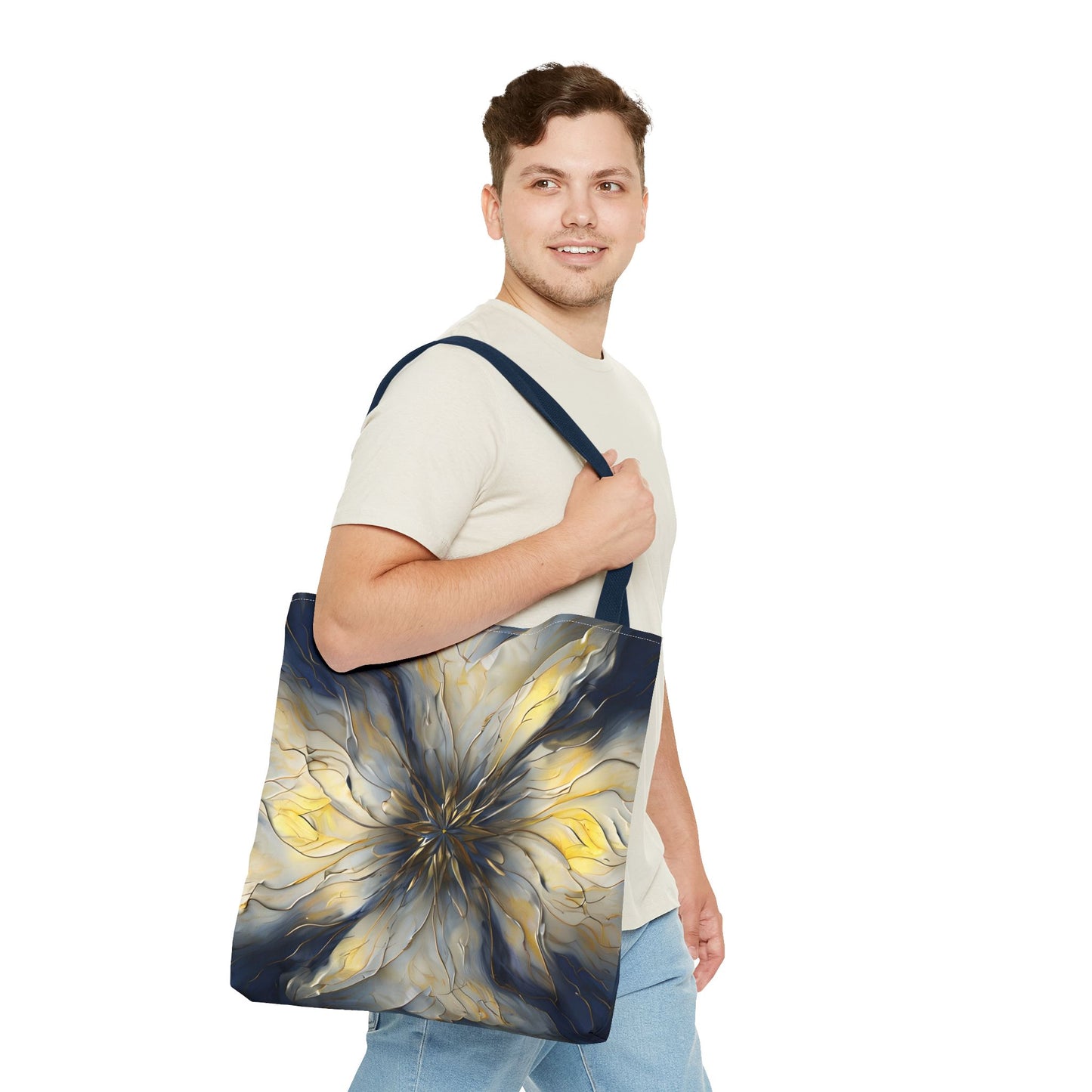 Luminous Petal Tote Bag (16x16 & 18x18)- Radiant Bloom in Gold and Indigo on Deep Navy Canvas, Reusable & Eco-Friendly