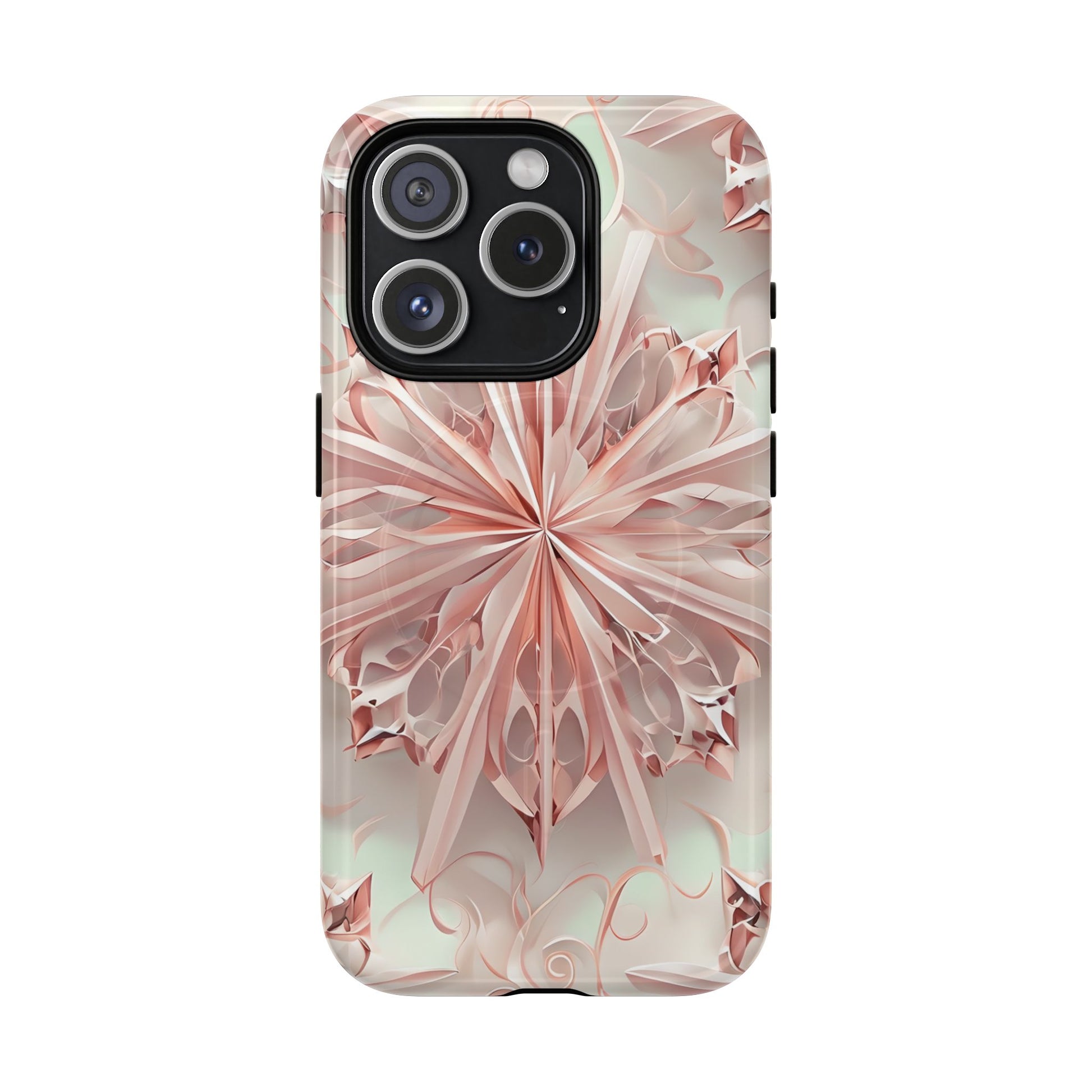 Blush Frost iPhone 15 Pro - Kaleidoscope Collection of MagSafe Compatible - Soft Pink Geometric Floral Design