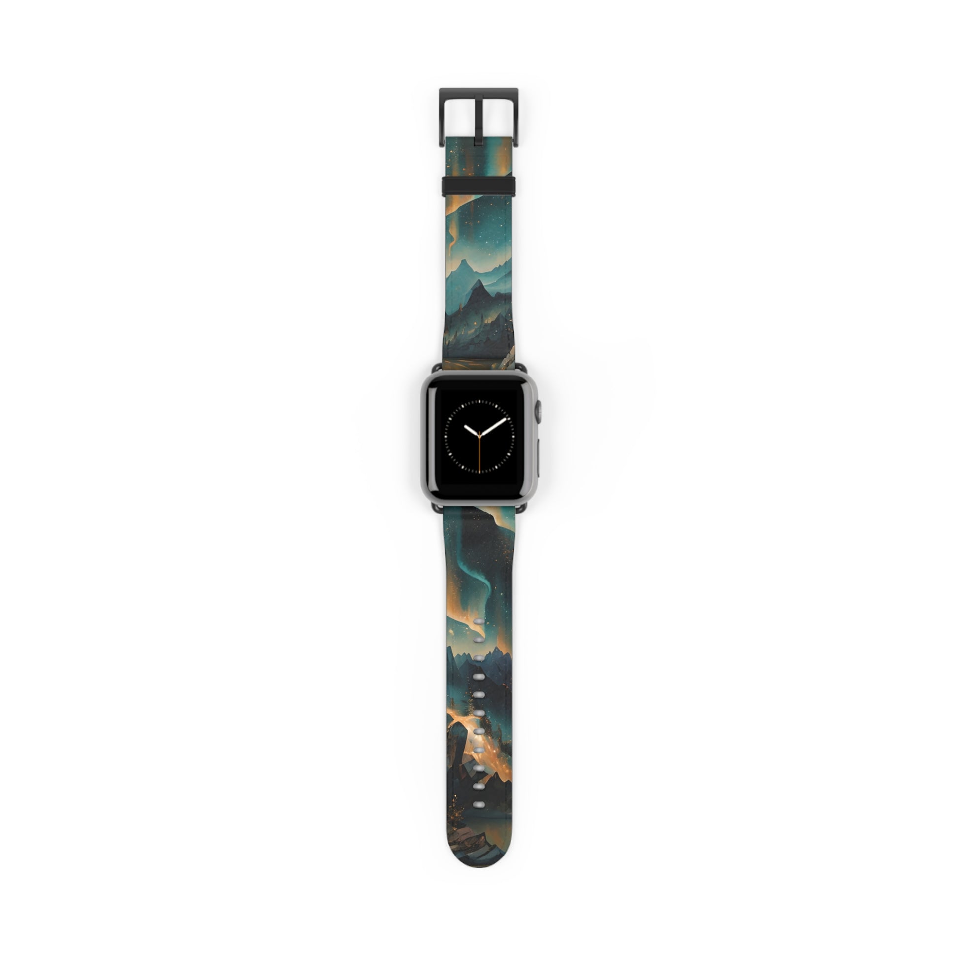 Aurora Dreamscape Apple Watch band with watch face featuring glowing aurora lights over a dramatic night landscape