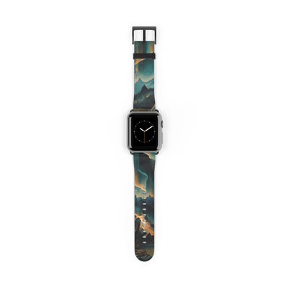 Aurora Dreamscape Apple Watch band with watch face featuring glowing aurora lights over a dramatic night landscape