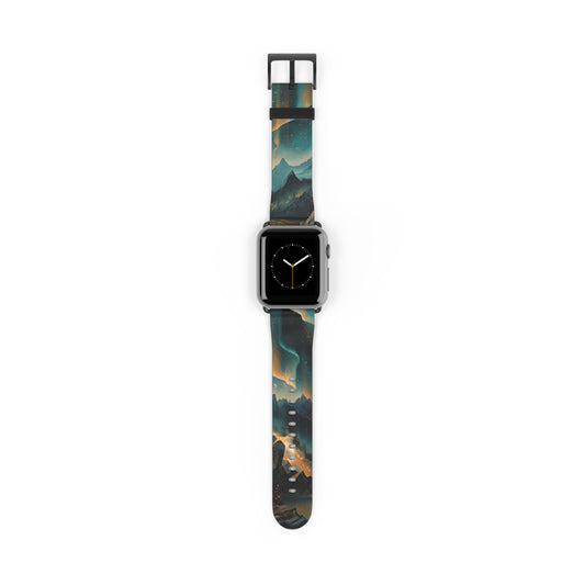 Aurora Dreamscape Apple Watch band with watch face featuring glowing aurora lights over a dramatic night landscape