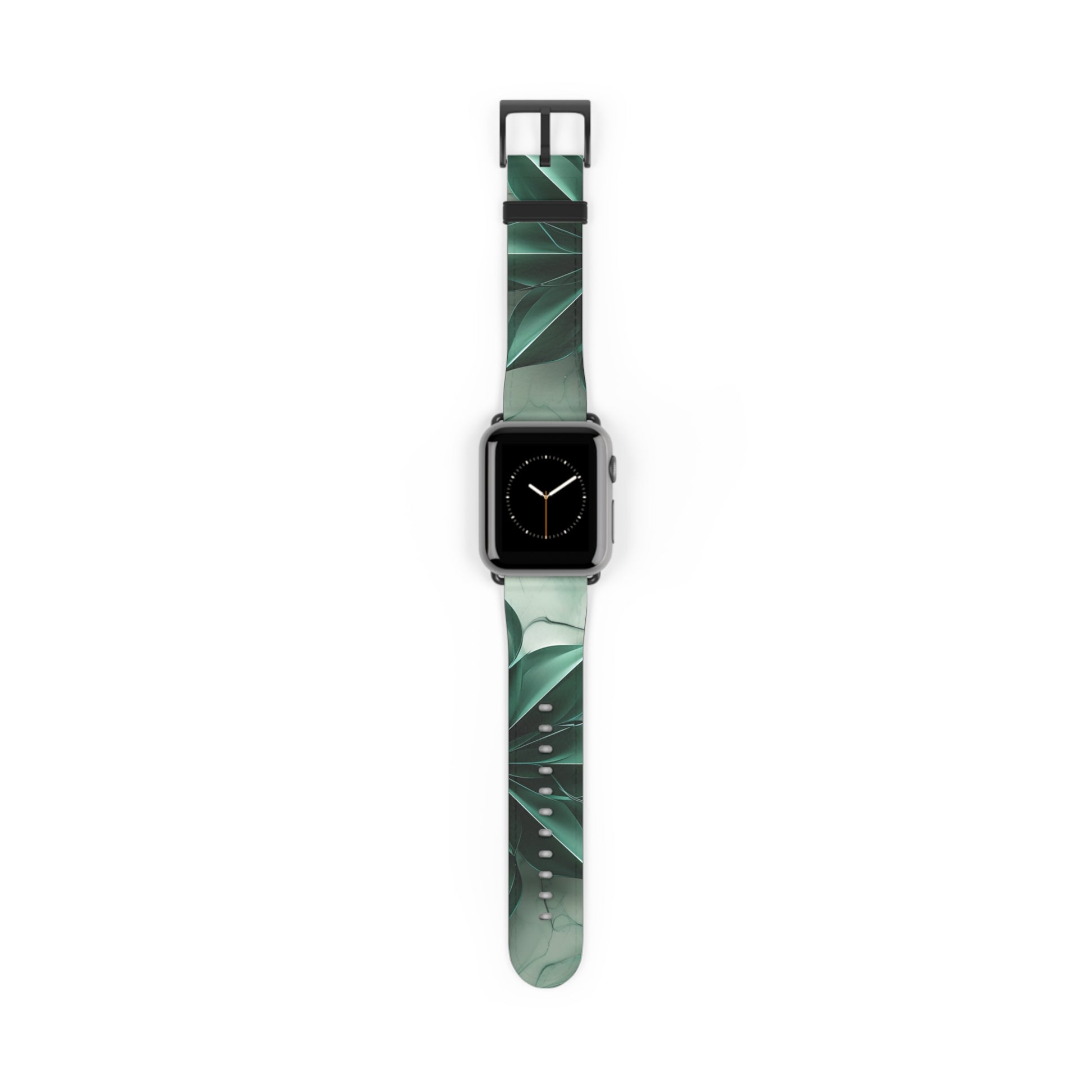 Emerald Bloom Apple Watch band with watch face featuring deep emerald, green botanical artwork
