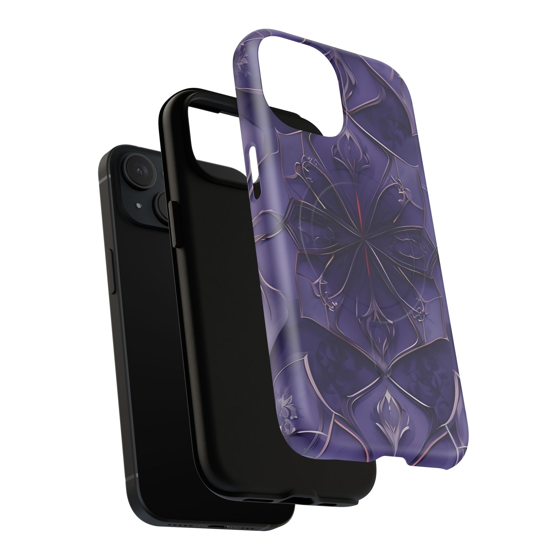 Violet Nebula - Kaleidoscope Collection Artistic Floral Burst - iPhone 15 MagSafe Phone Case -Bold Purple Symmetrical Design