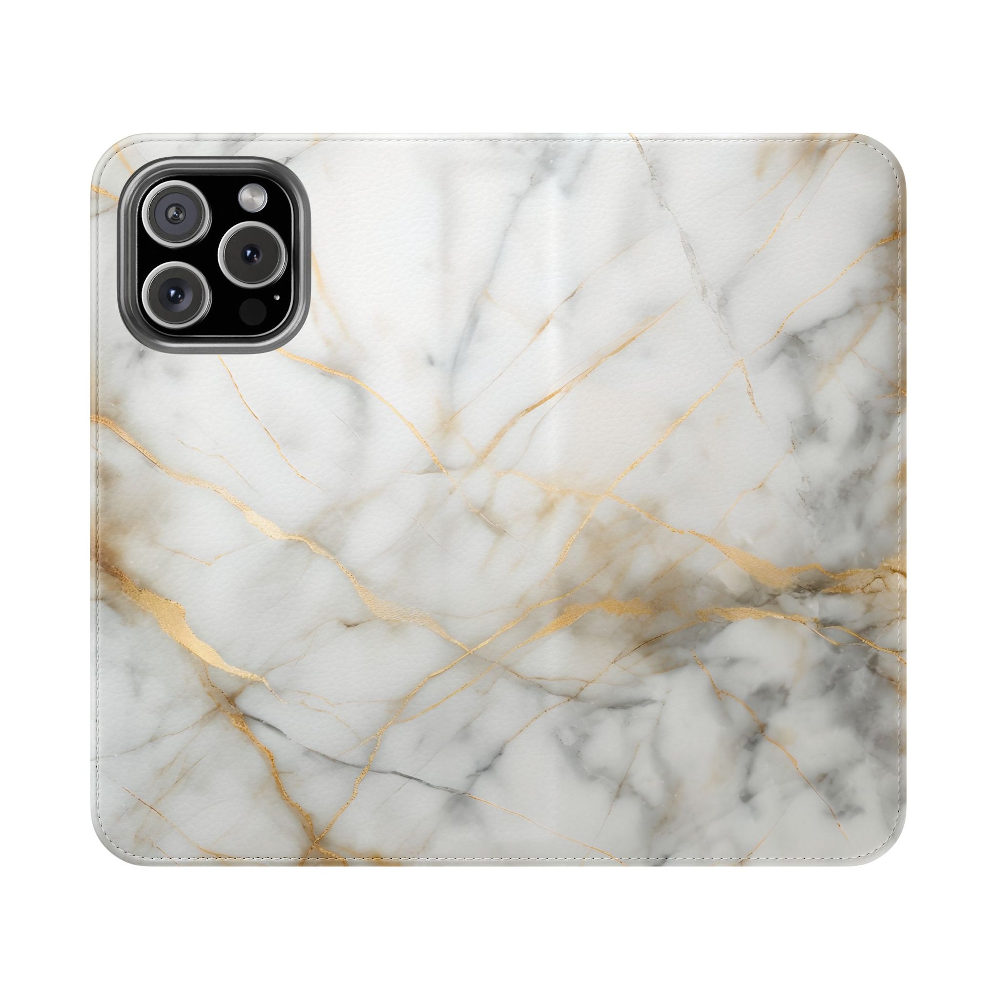 Golden Vein Wallet Phone Case - Gold & White Marble Design - Flip Cover for iPhone 16 Pro Max