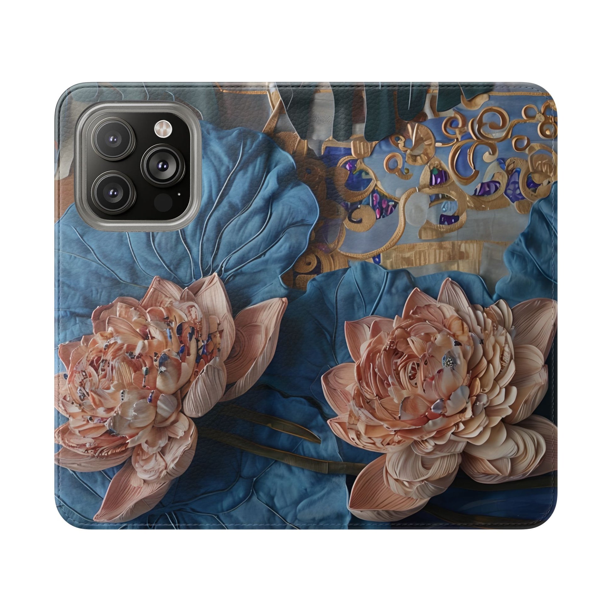 Peony Midnight Tapestry Wallet Phone Case - Flip Cover for iPhone 14 Pro - Floral and Tapestry Design