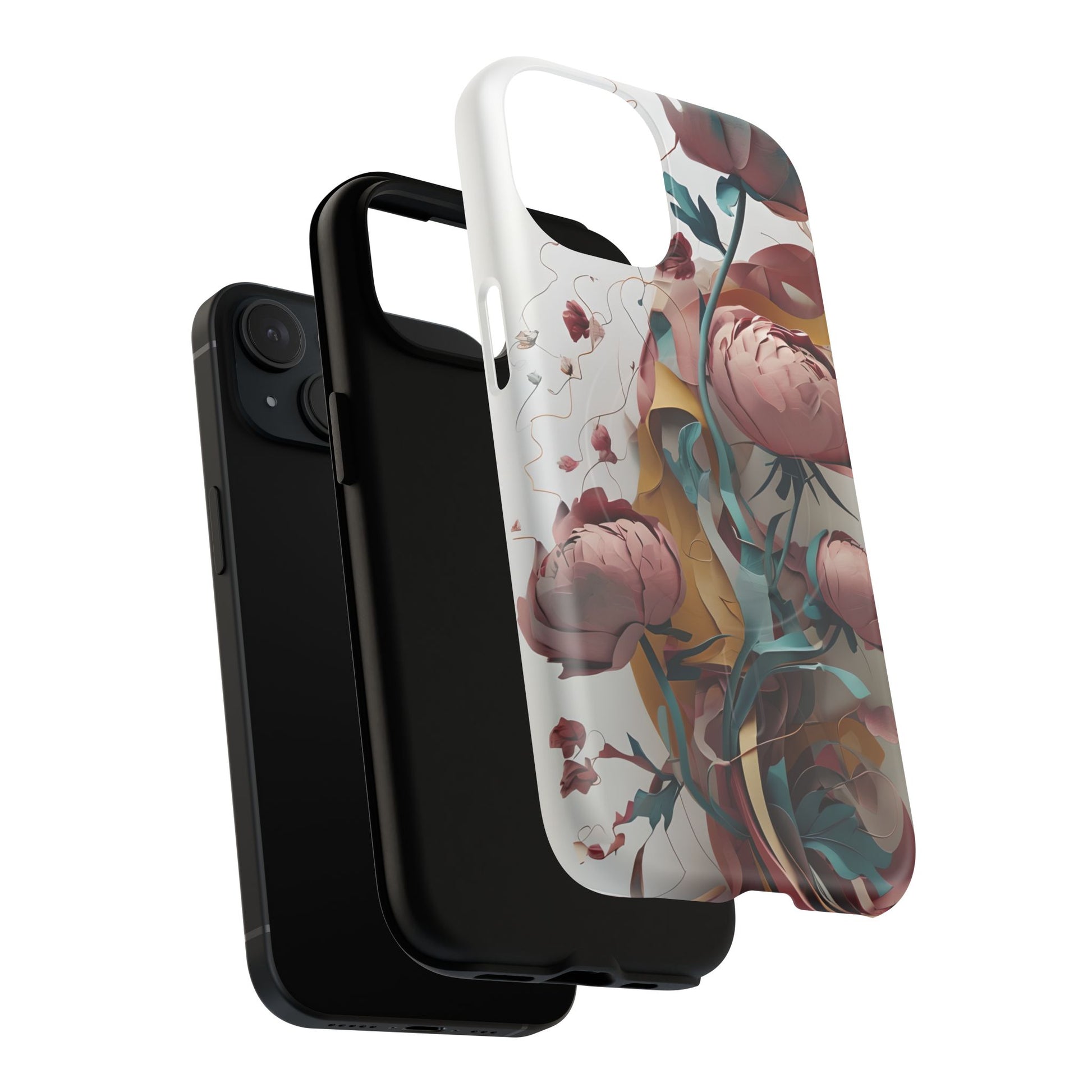 Blushing Peony Veil - Elegant Painterly Floral iPhone 15 MagSafe Phone Case - Soft Blush & Teal Peony Design