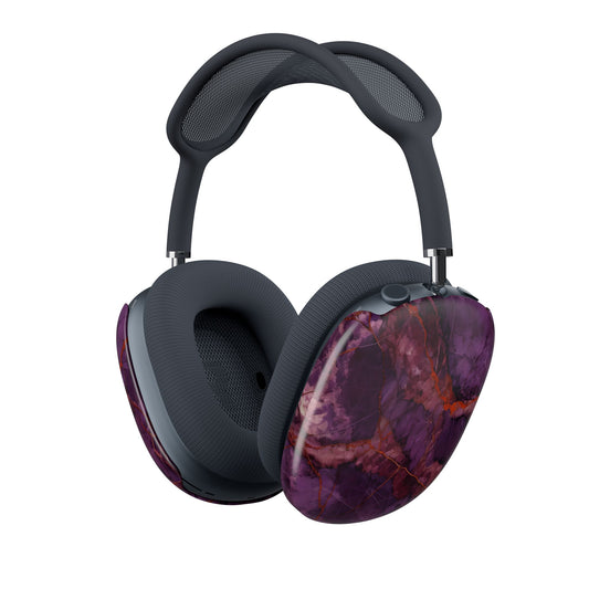 Amethyst Current AirPods Max cover with deep purple and wine-red marbled stone texture, glossy abstract pattern, angled view on Apple AirPods Max headphones