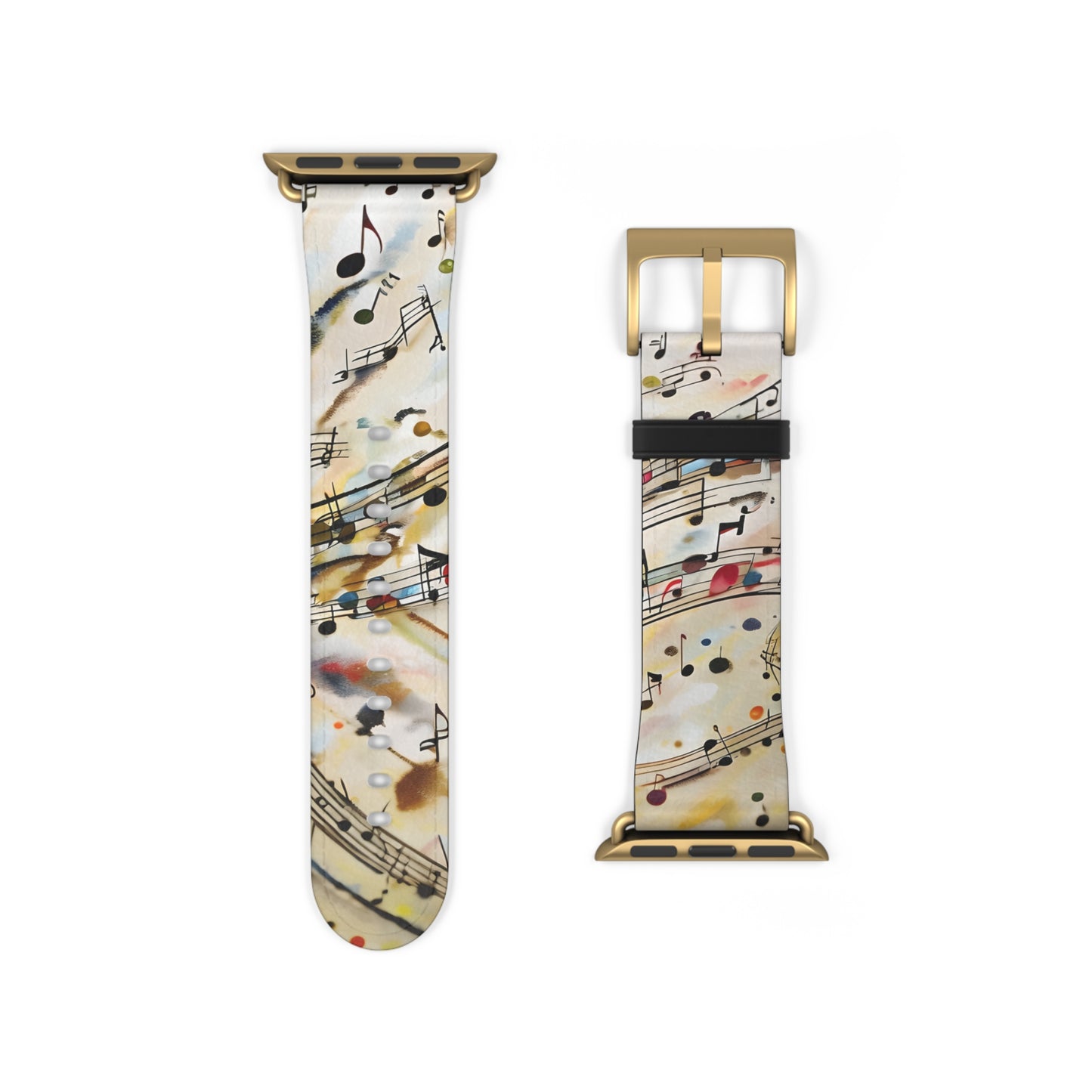 Melodic Flow Apple Watch band strap with musical notes and sheet music line artwork and gold clasp
