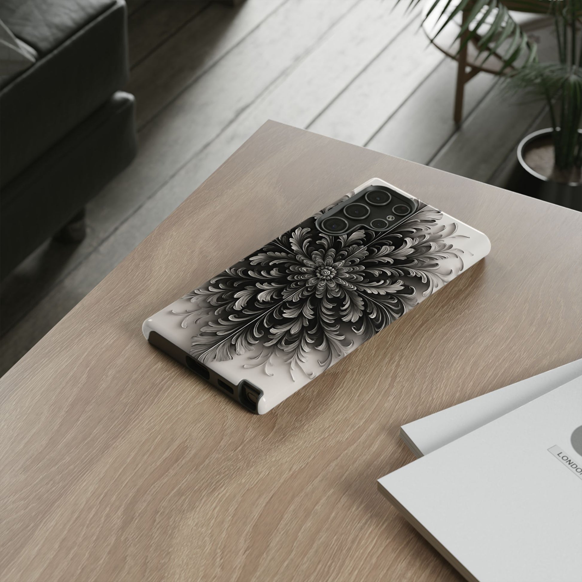 Obsidian Bloom - Elegant Black & White Samsung Galaxy S22 Ultra Tough Phone Case - Intricate Mandala Flower Design