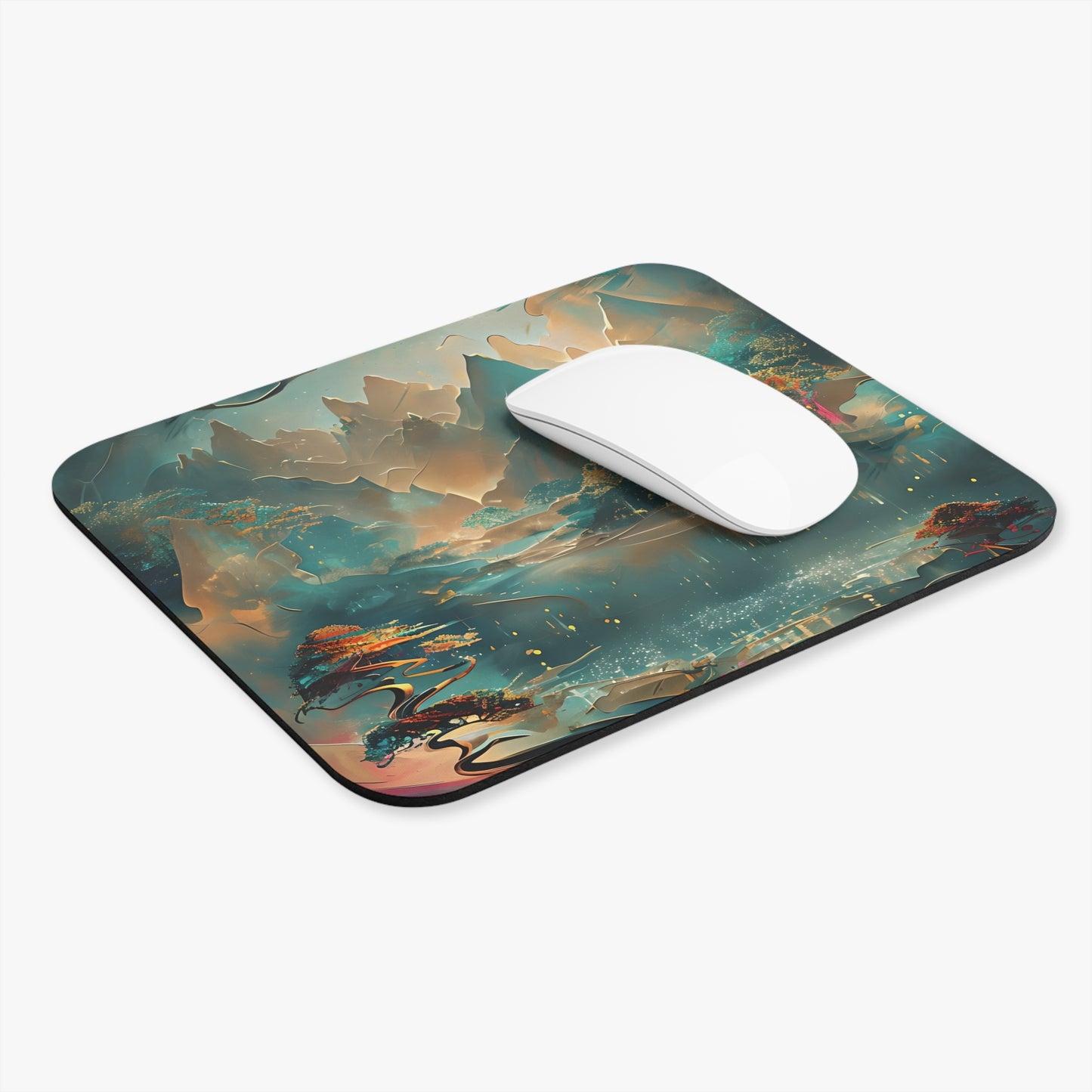 Misty Horizon mouse pad in workspace with mouse showing atmospheric horizon artwork