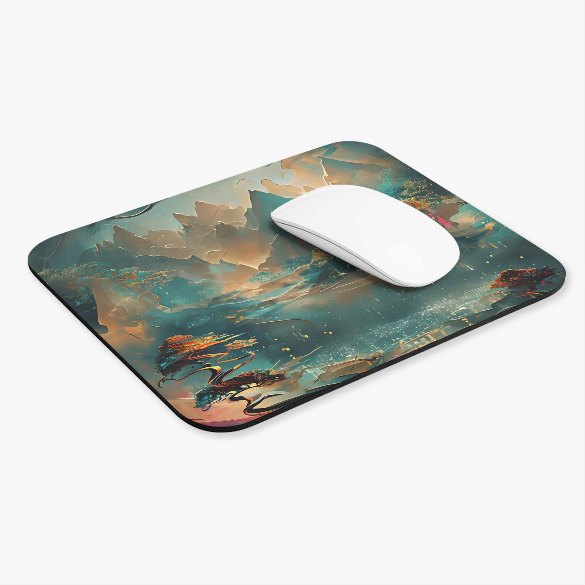 Misty Horizon mouse pad in workspace with mouse showing atmospheric horizon artwork