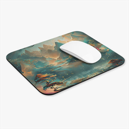 Misty Horizon mouse pad in workspace with mouse showing atmospheric horizon artwork