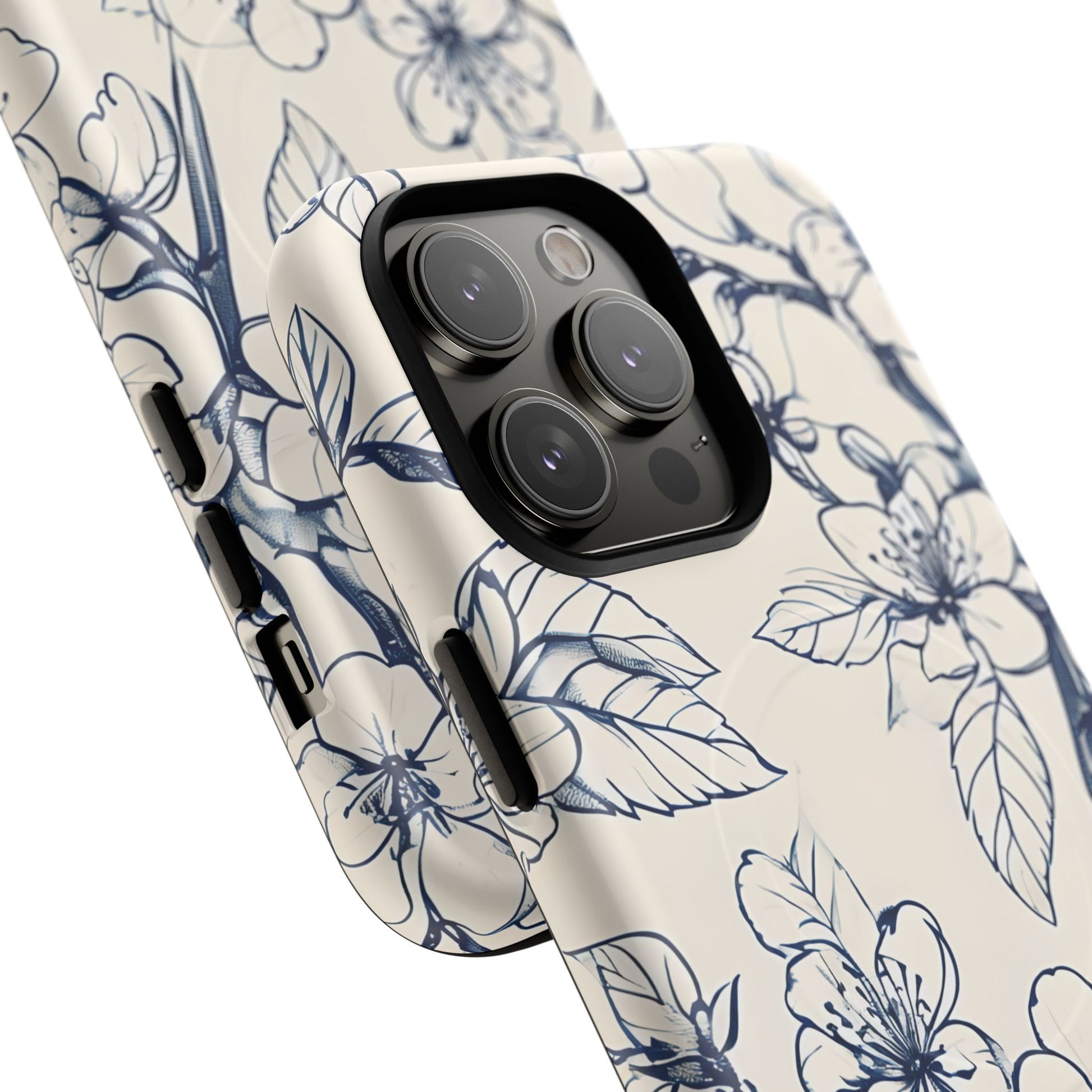 Blossom Sketch - Artistic Blue Floral - iPhone 14 Pro Max MagSafe Phone Case - Hand-Drawn Botanical Design