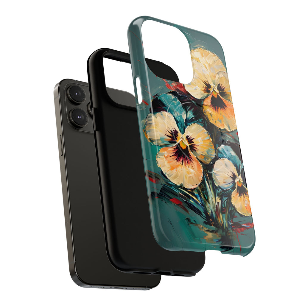 Golden Pansy Cascade - Elegant Floral iPhone 14 Pro Max MagSafe Case with Deep Teal Background