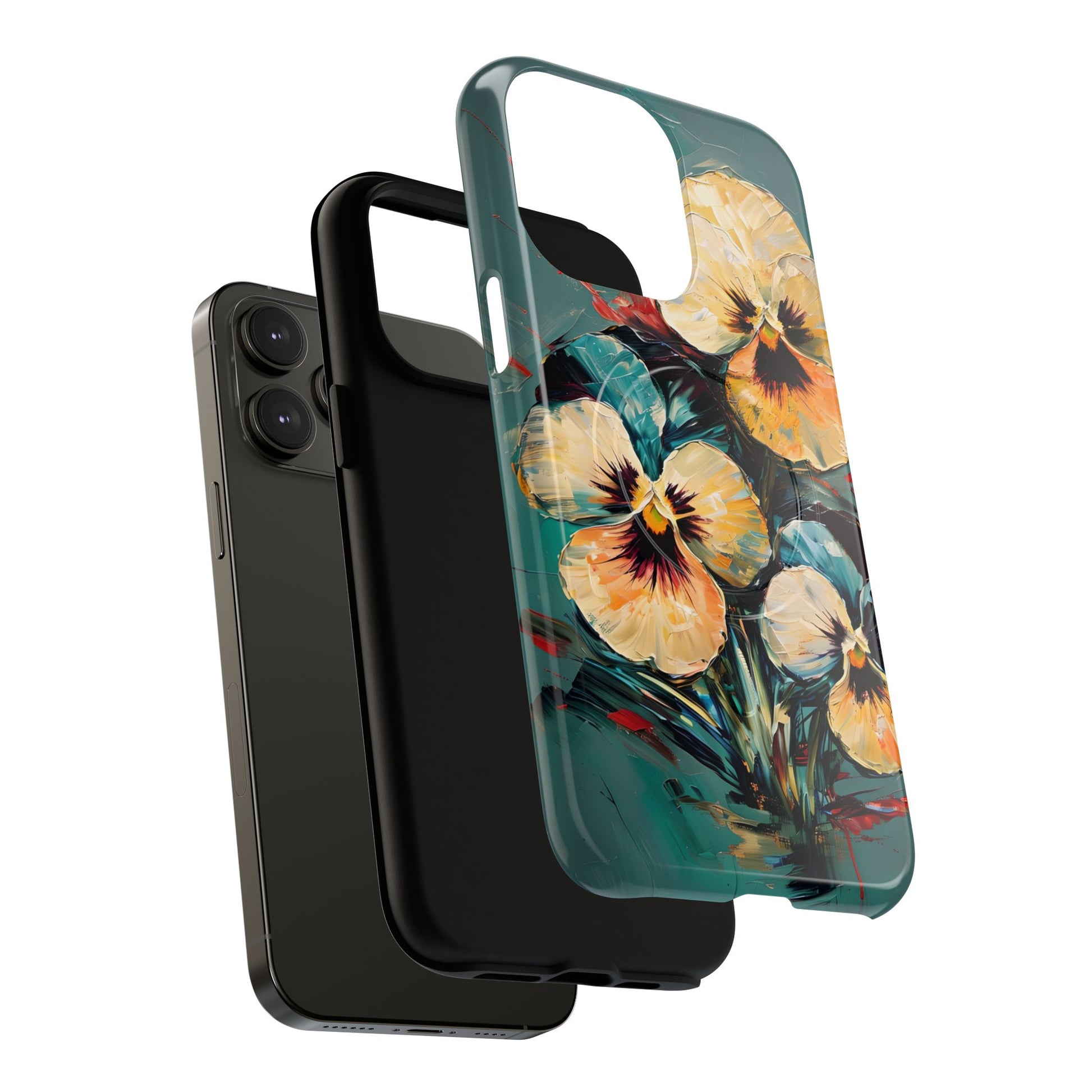 Golden Pansy Cascade - Elegant Floral iPhone 14 Pro Max MagSafe Case with Deep Teal Background
