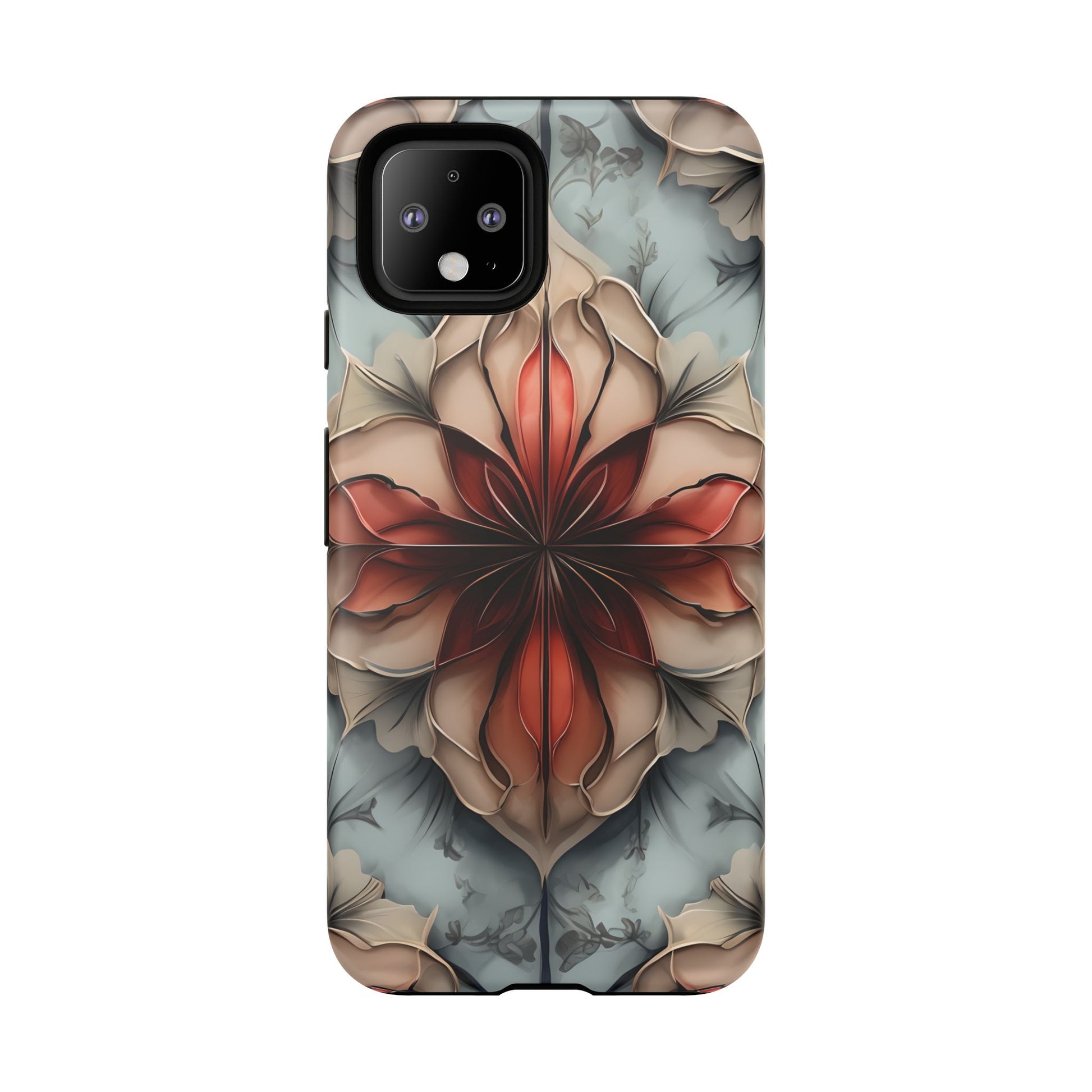 Ember Bloom - Kaleidoscope Collection Artistic Floral - Google Pixel 4 Tough Phone Case - Fiery Symmetrical Design