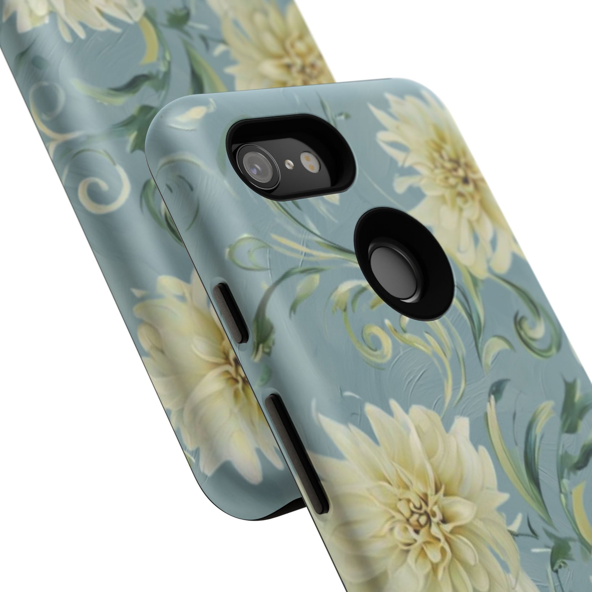 Golden Dahlia Trio - Elegant Floral Google Pixel 3 Tough Phone Case - Artistic White & Blue Dahlia Design
