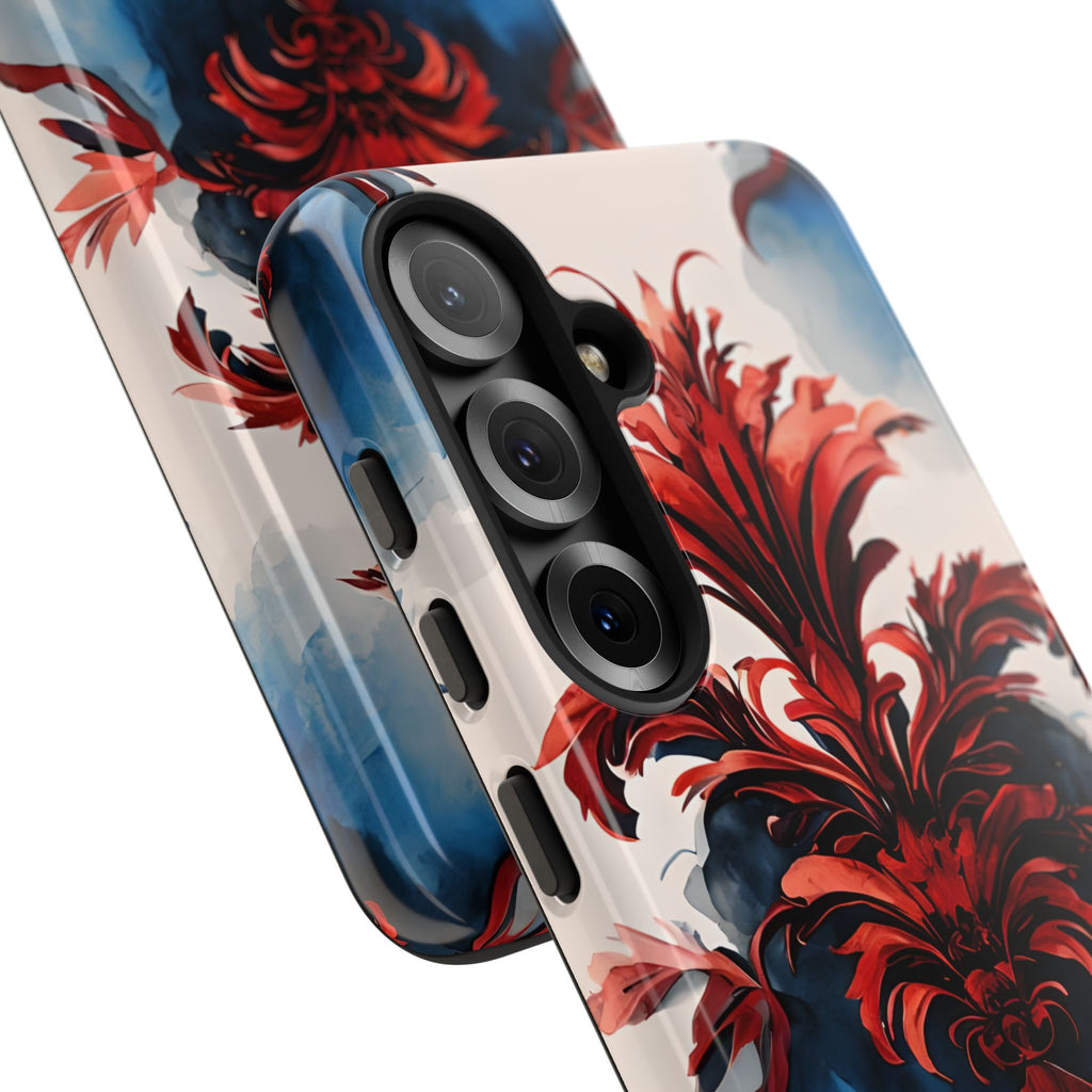 Crimson Plume - Bold Artistic Feather Samsung Galaxy S25 Tough Phone Case - Dramatic Red & Blue Design