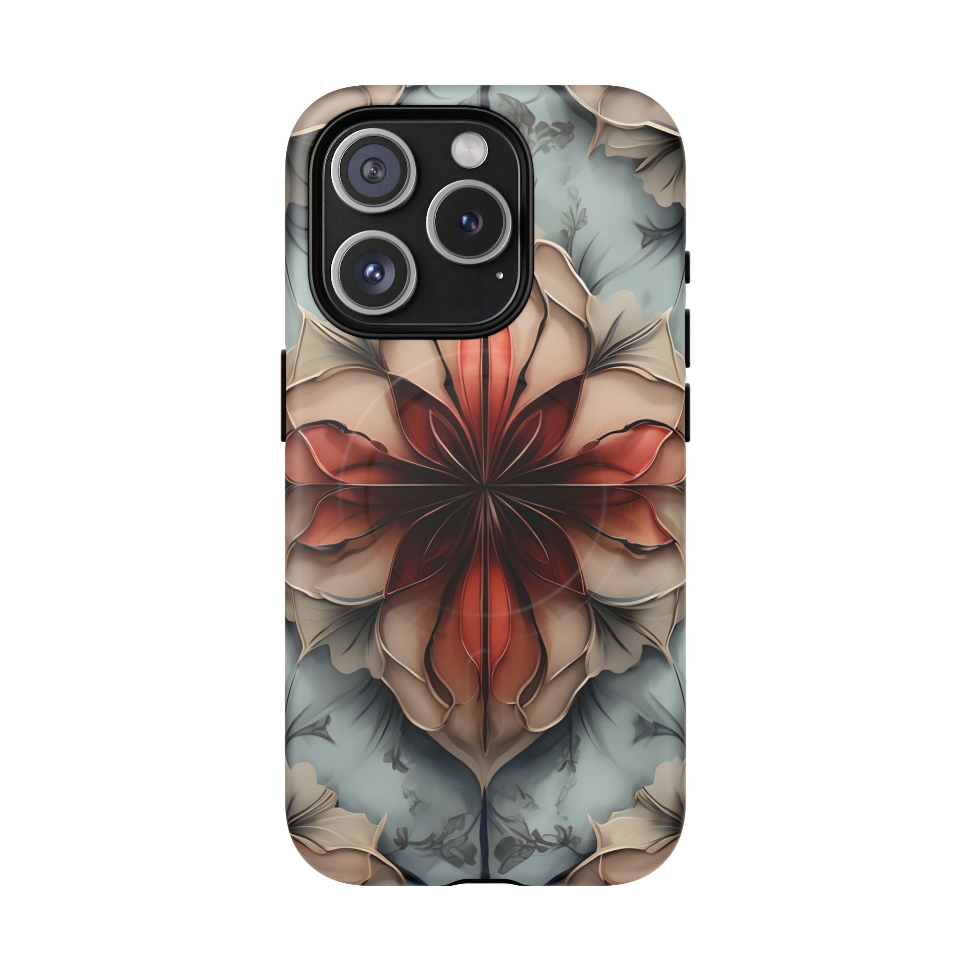 Ember Bloom - Kaleidoscope Collection Artistic Floral iPhone 15 Pro MagSafe Phone Case - Fiery Symmetrical Design