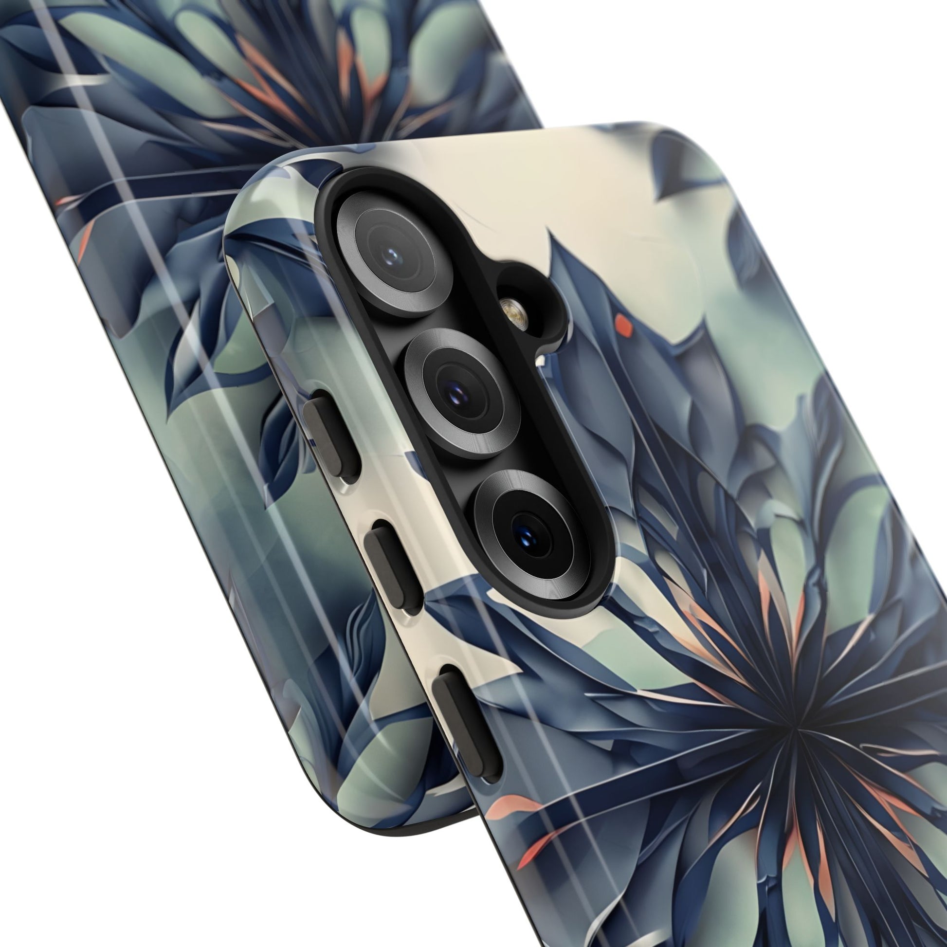 Frosted Indigo Bloom - Artistic Kaleidoscope Collection Artistic Floral - Samsung Galaxy S25 Tough Phone Case - Blue Symmetrical Design