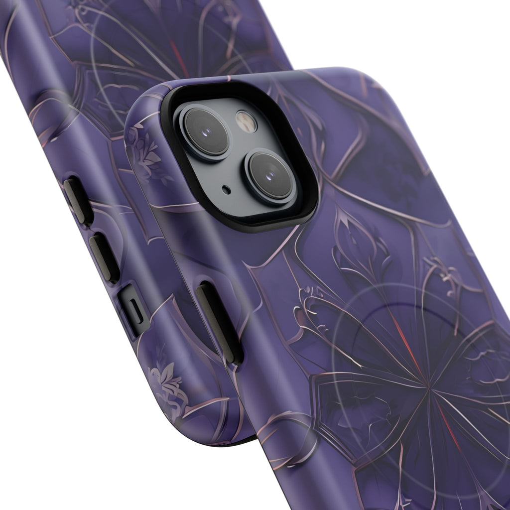 Violet Nebula - Kaleidoscope Collection Artistic Floral Burst - iPhone 14 Plus MagSafe Phone Case -Bold Purple Symmetrical Design