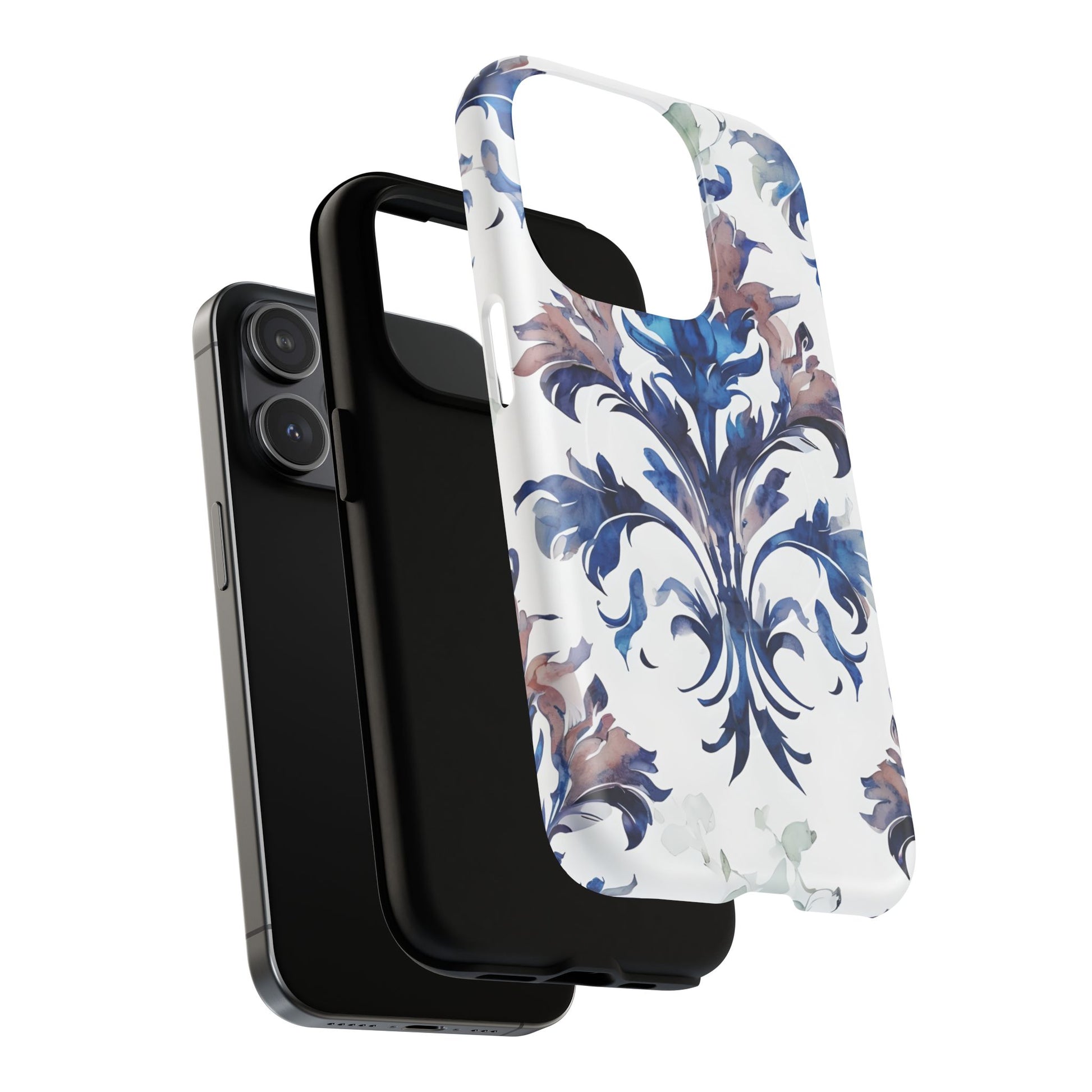 Delft Reverie - Elegant Blue & White iPhone 15 Pro MagSafe Phone Case - Dutch Delftware-Inspired Floral Design