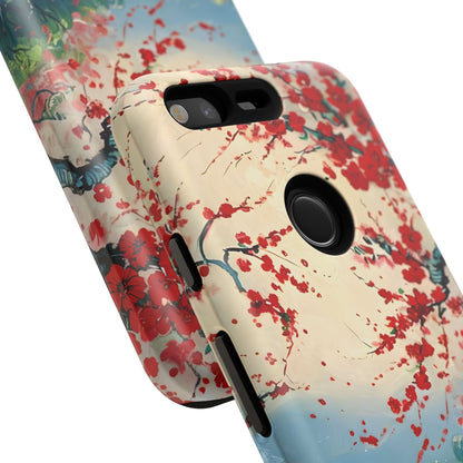 Crimson Blossom Lake - Artistic Floral Landscape Google Pixel 6 Tough Phone Case - Red Cherry Blossoms & Serene Lake Design