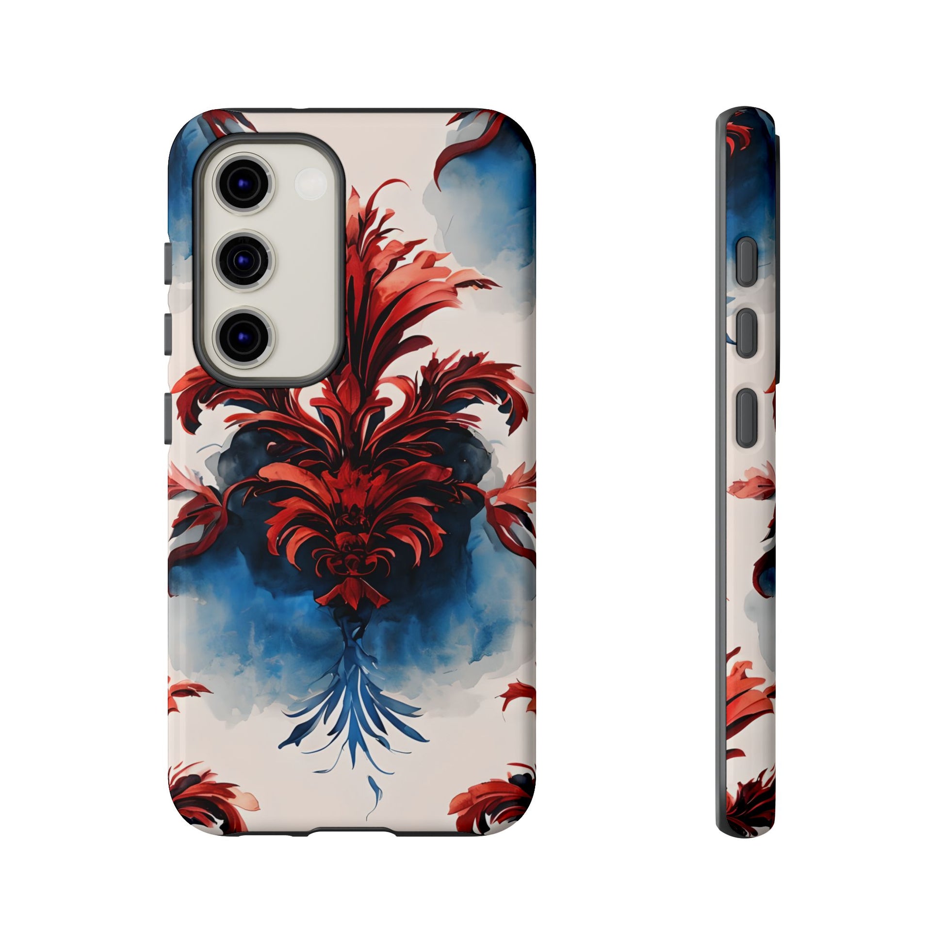 Crimson Plume - Bold Artistic Feather Samsung Galaxy S23 Tough Phone Case - Dramatic Red & Blue Design