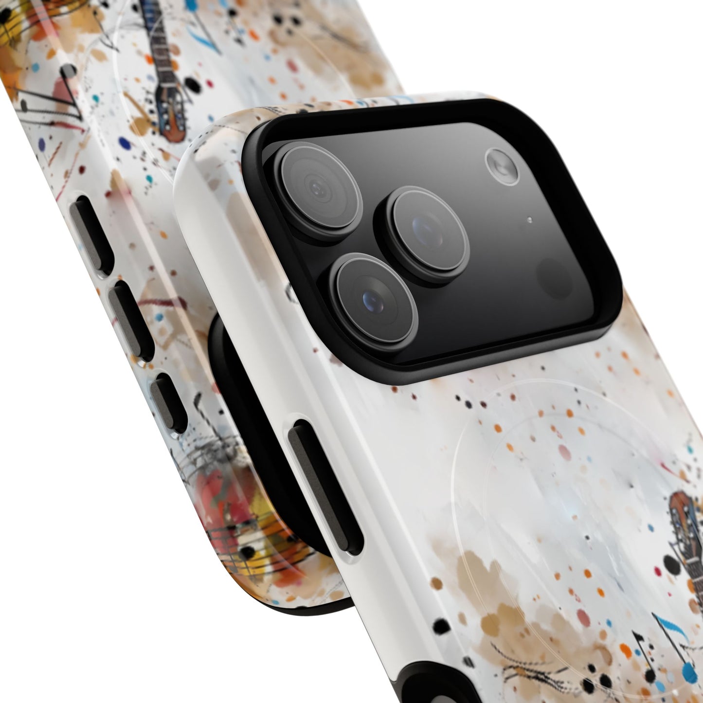 Strum and Flow acoustic guitar watercolor music design iPhone MagSafe case camera cutout detail