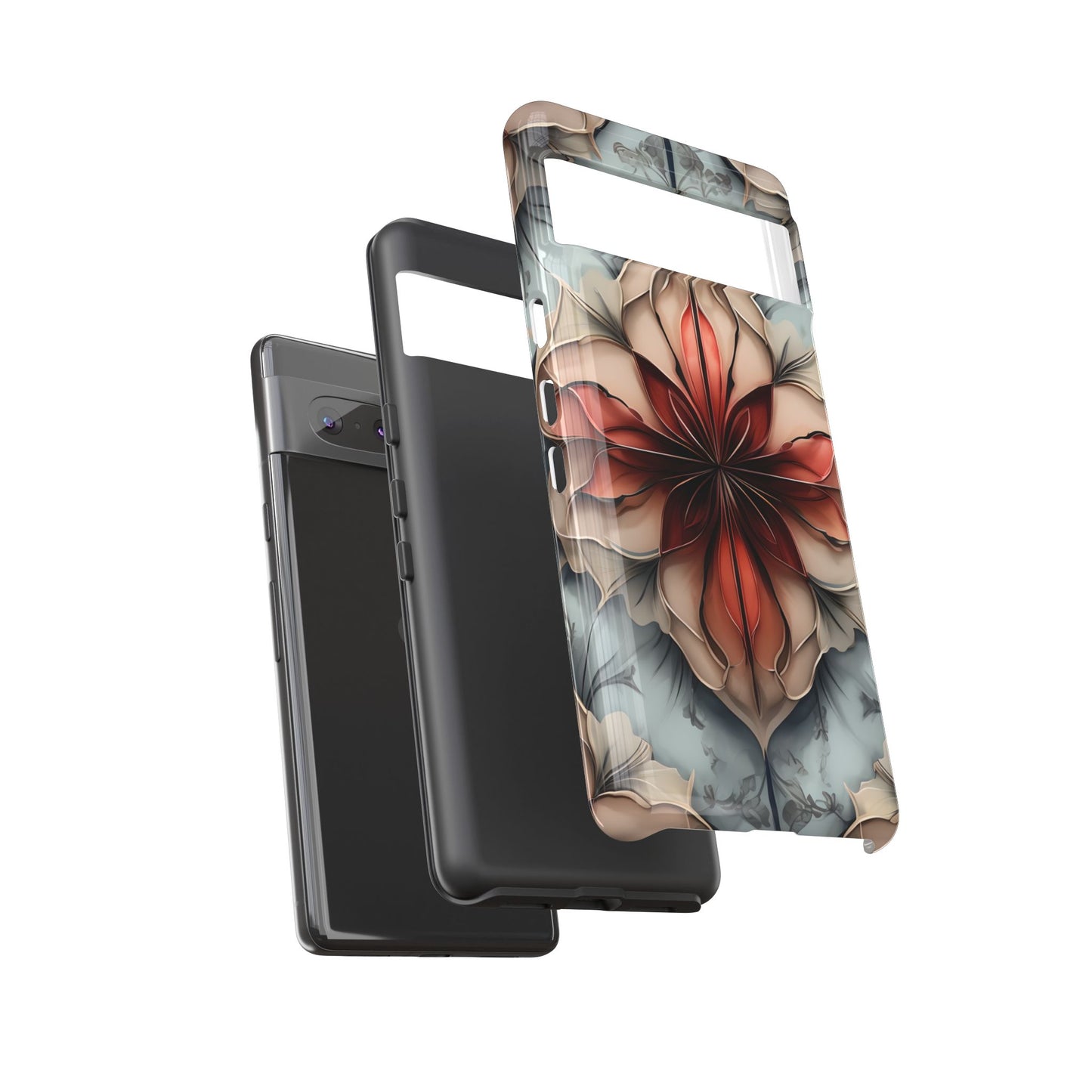 Ember Bloom - Kaleidoscope Collection Artistic Floral - Google Pixel Tough Phone Case - Fiery Symmetrical Design