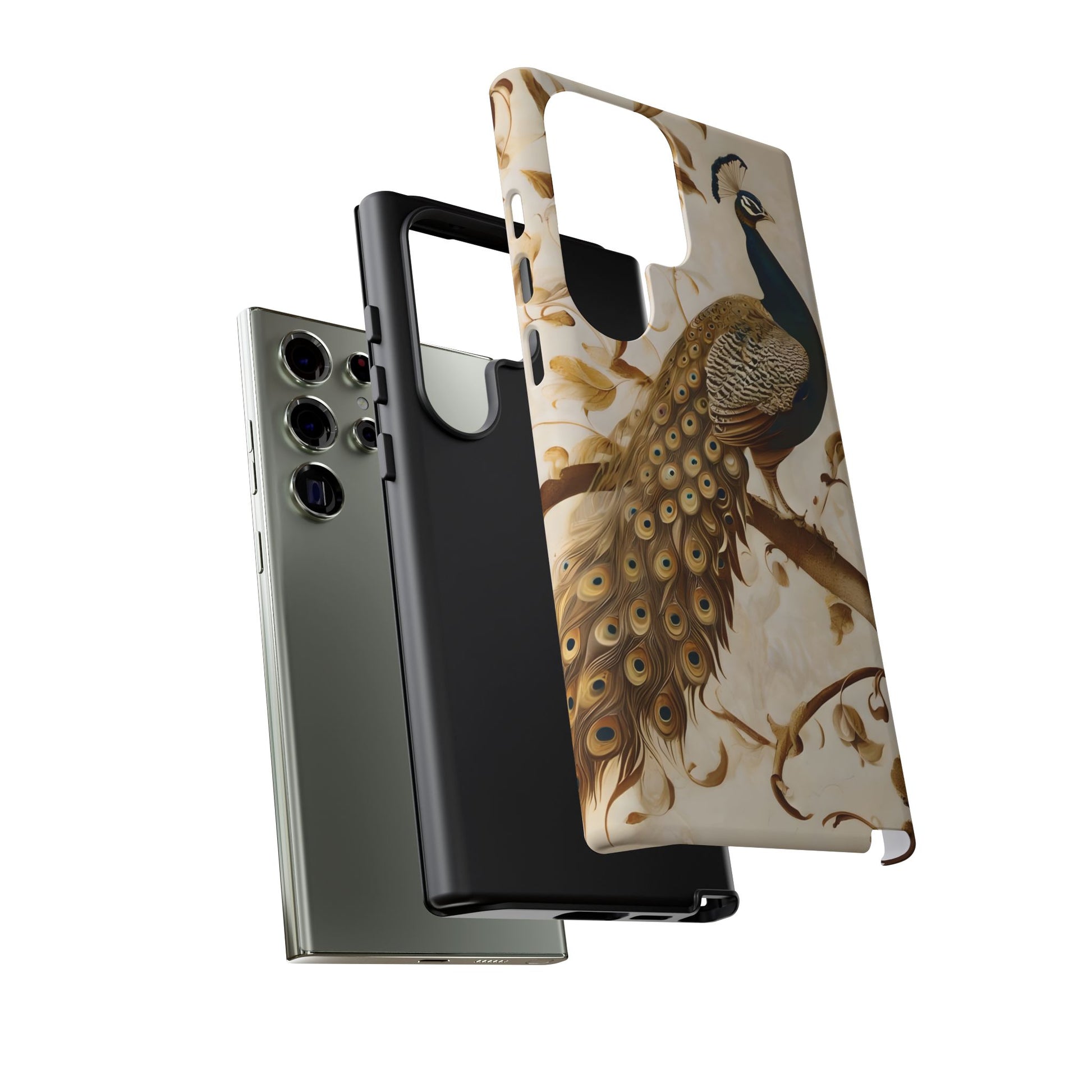 Golden Plumage - Luxe Peacock Art Samsung Galaxy S23 Ultra Phone Case - Elegant Gold & Cream Design