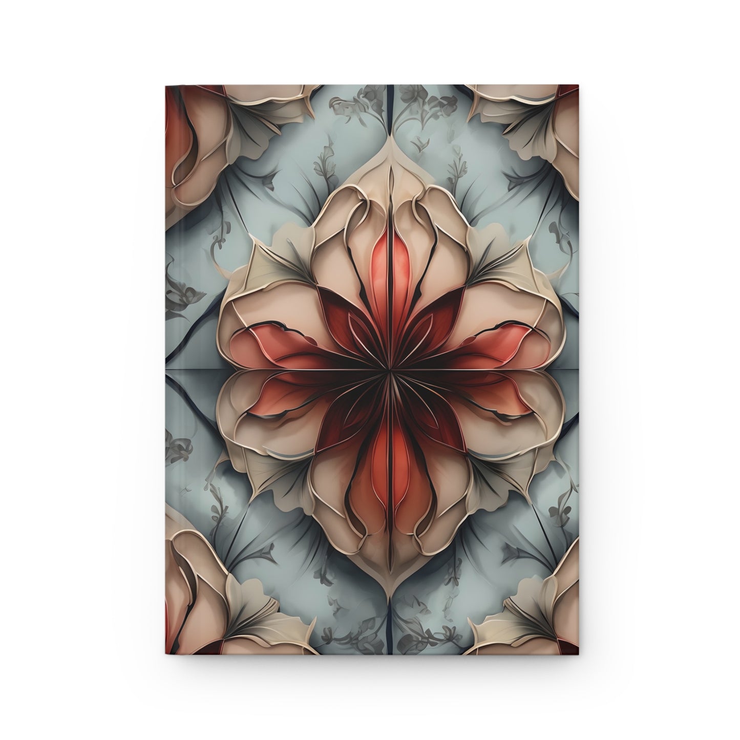 Ember Bloom hardcover journal with warm ember red floral design on soft ivory and muted blue background