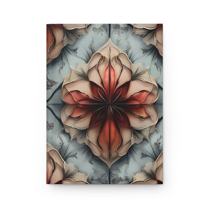 Ember Bloom hardcover journal with warm ember red floral design on soft ivory and muted blue background