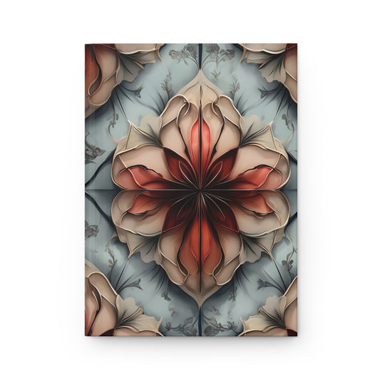 Ember Bloom hardcover journal with warm ember red floral design on soft ivory and muted blue background