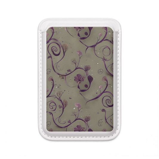 Twilight Thistle Bloom MagSafe card holder with lavender thistle floral pattern on white magnetic wallet.