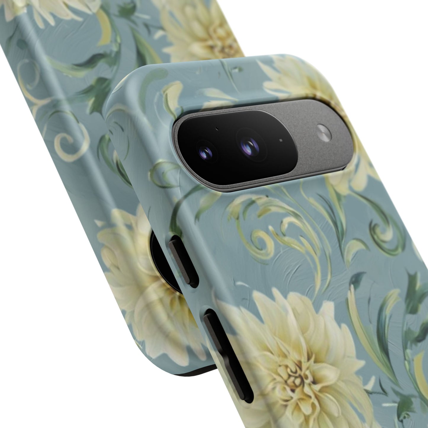 Golden Dahlia Trio - Elegant Floral Google Pixel Tough Phone Case - Artistic White & Blue Dahlia Design